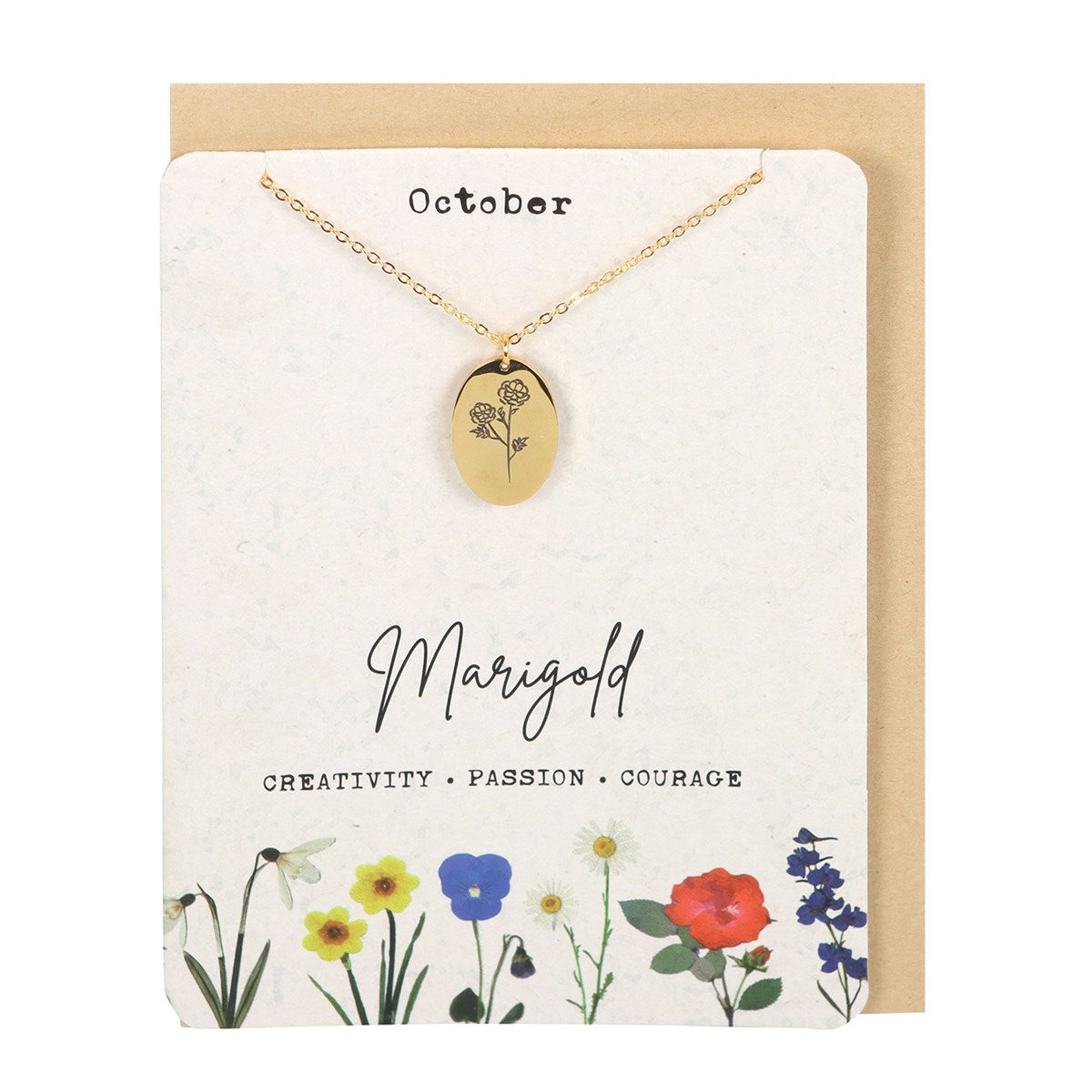 View October Marigold Birth Flower Necklace Card information