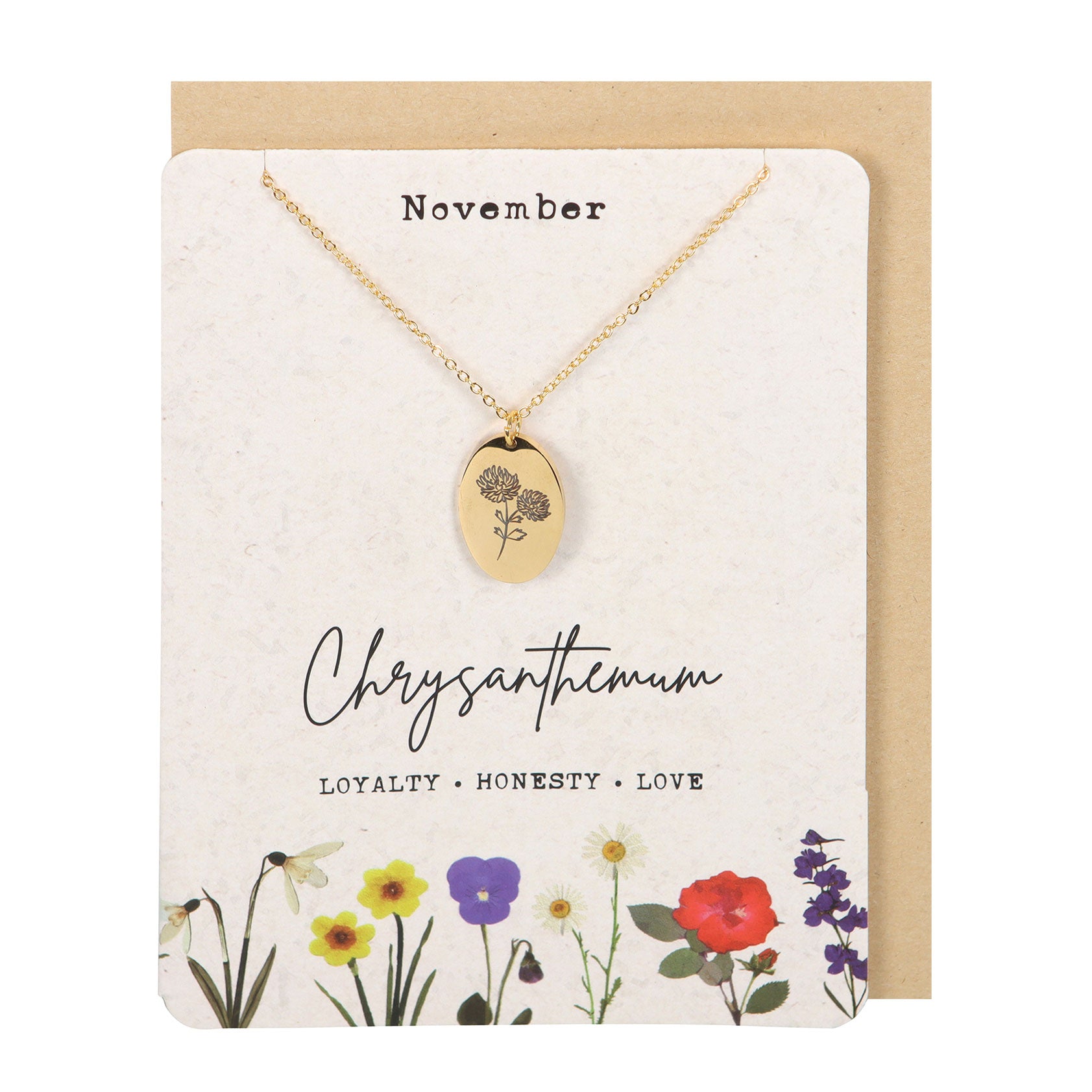 View November Chrysanthemum Birth Flower Necklace Card information