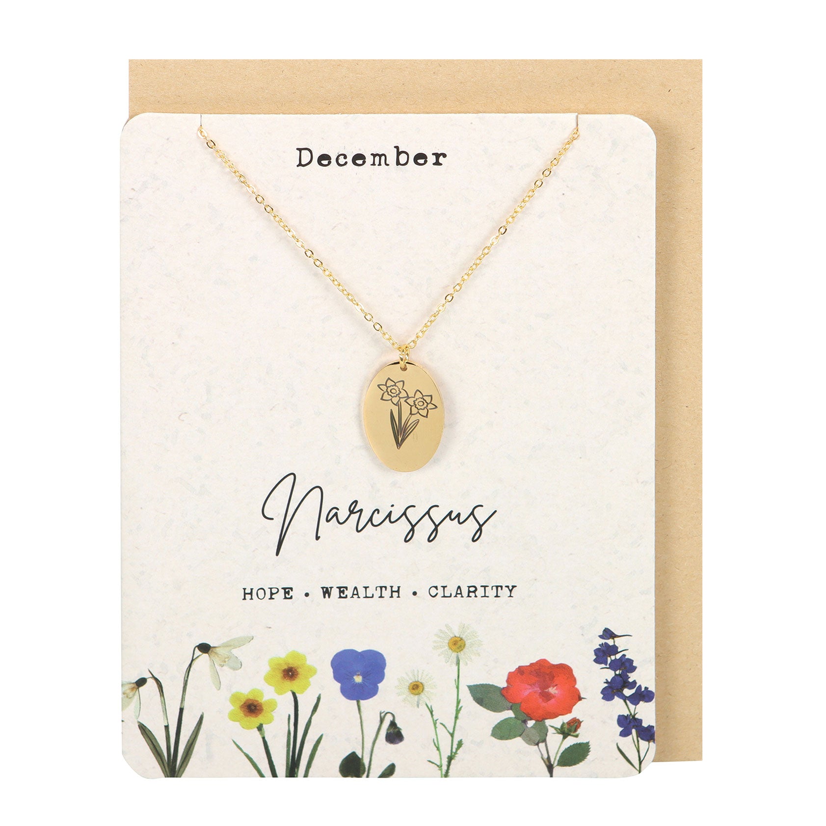 View December Narcissus Birth Flower Necklace Card information