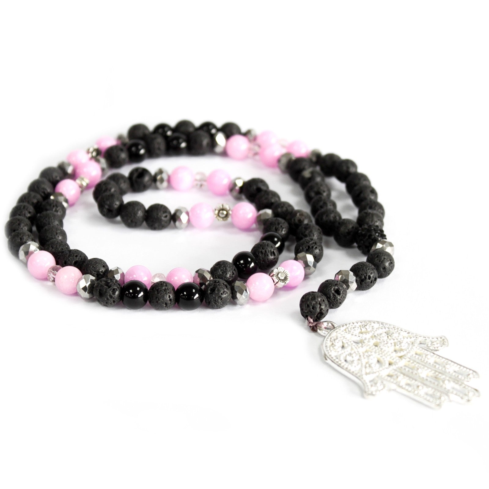 View Hamsa Pink Black Gemstone Necklace information