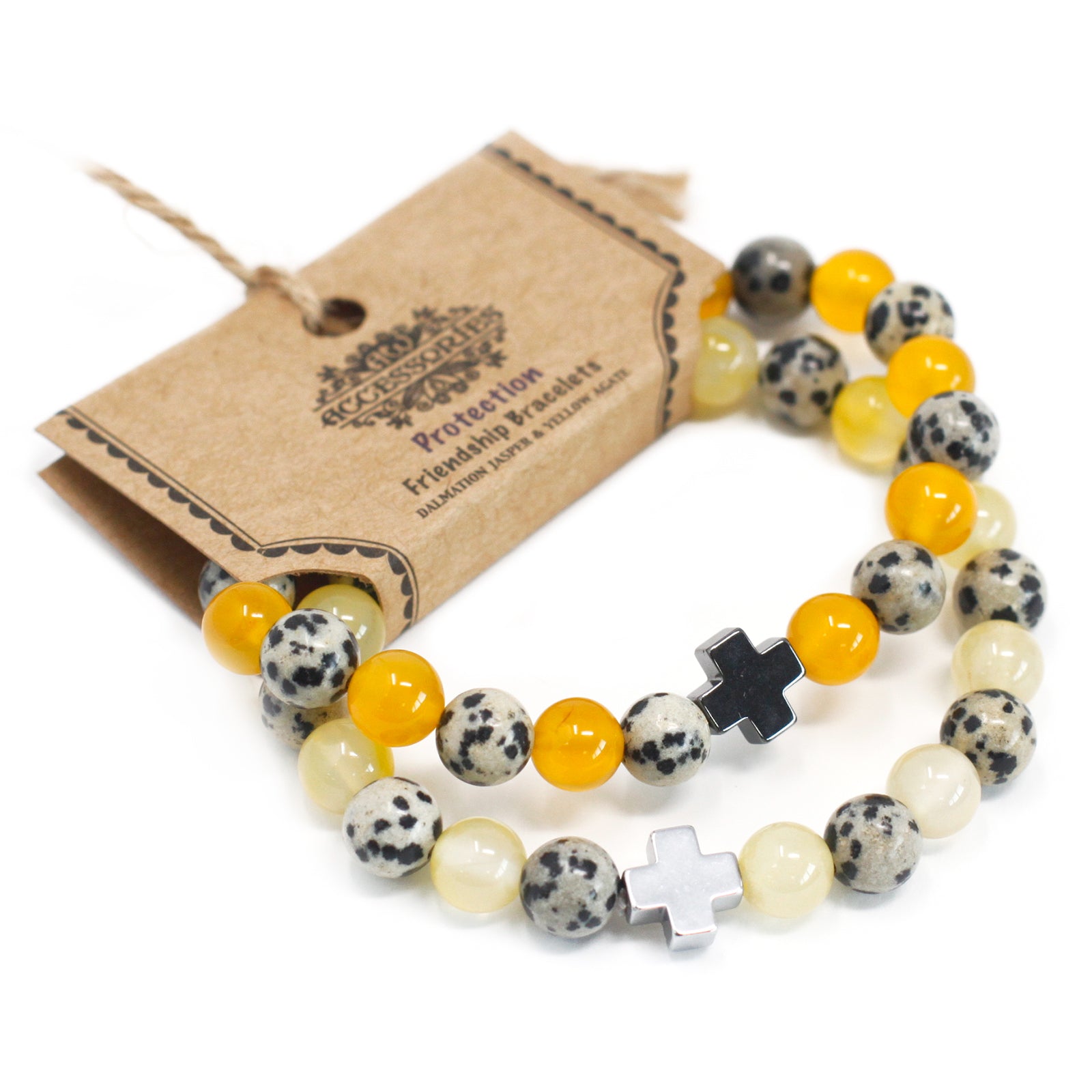 View Set of 2 Gemstones Friendship Bracelets Protection Dalmatian Jasper Yellow Agate information