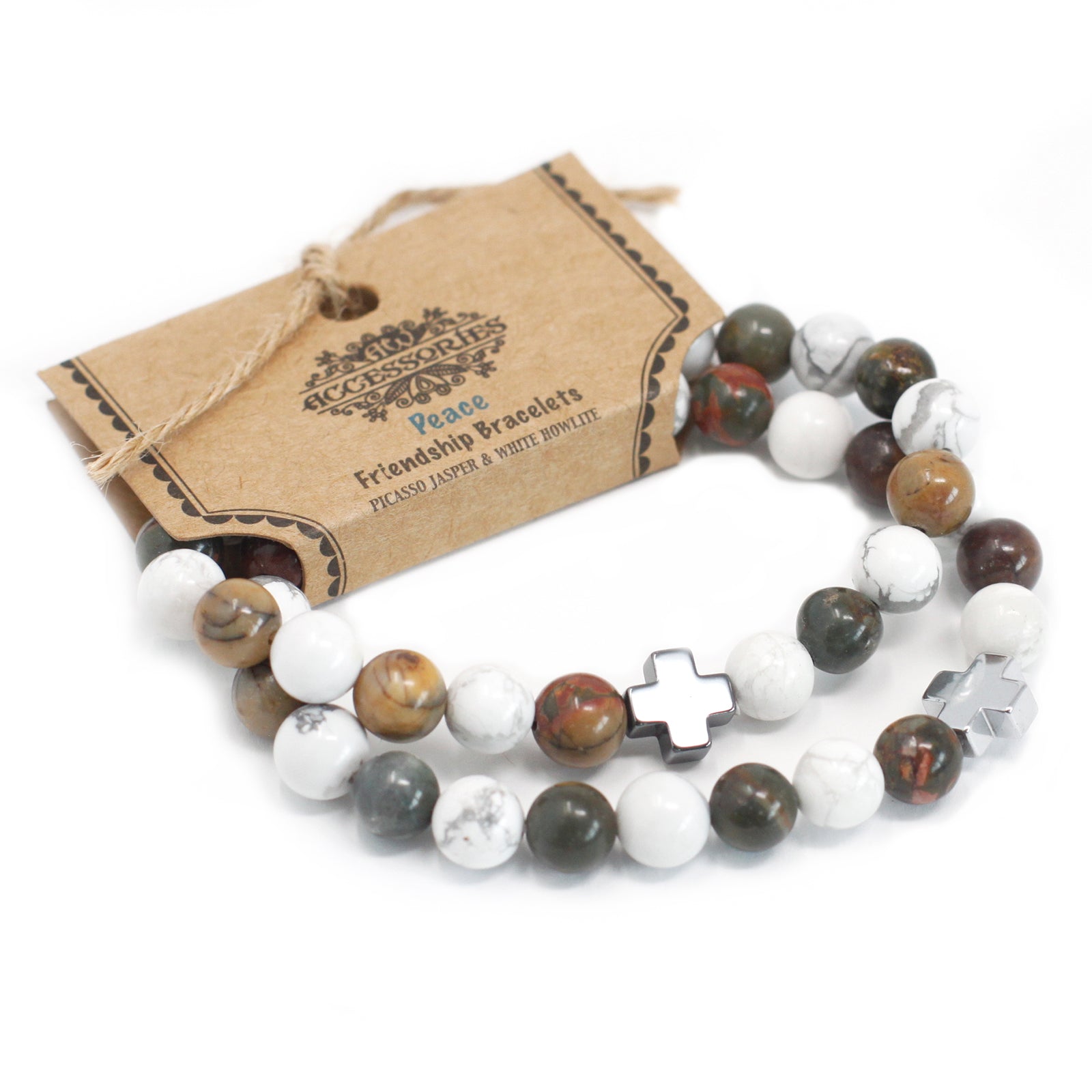 View Set of 2 Gemstones Friendship Bracelets Peace Picasso Jasper White Howlite information