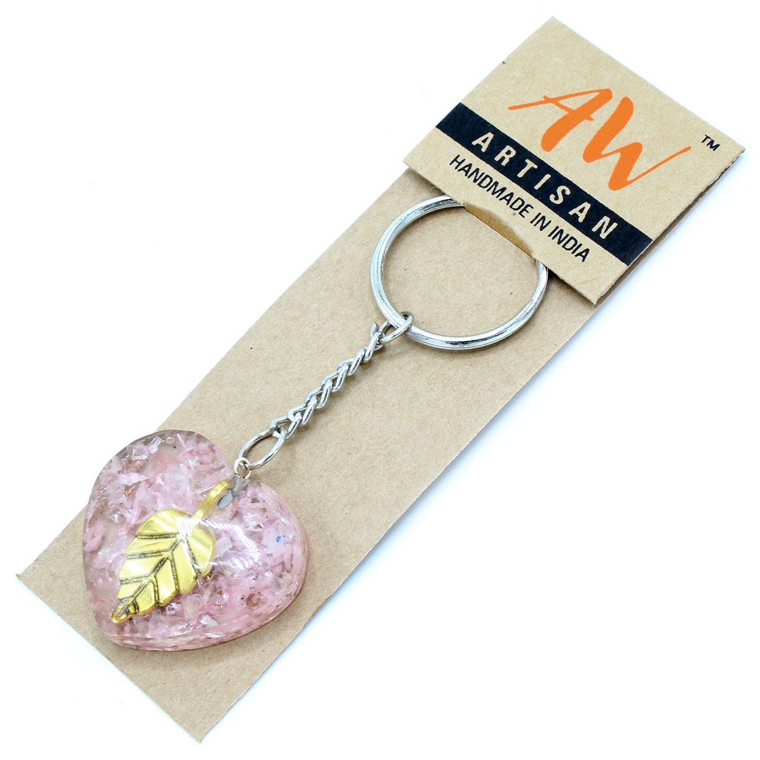 View Orgonite Power Keyring Rose Quartz Heearts Golden Leaf information