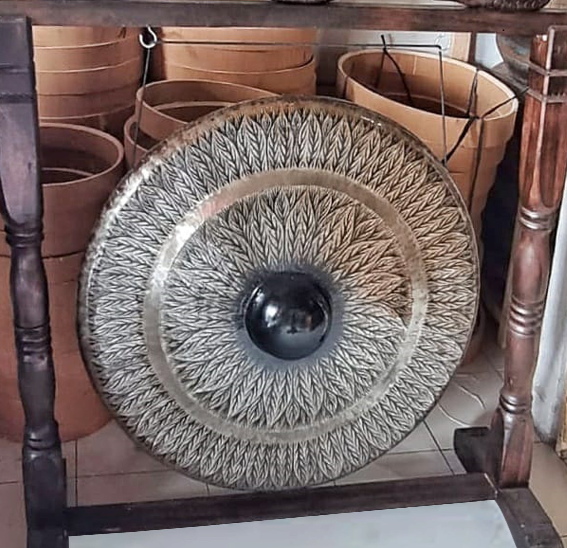 View Large Gong in Brown Antique Stand 80cm Black pattern information