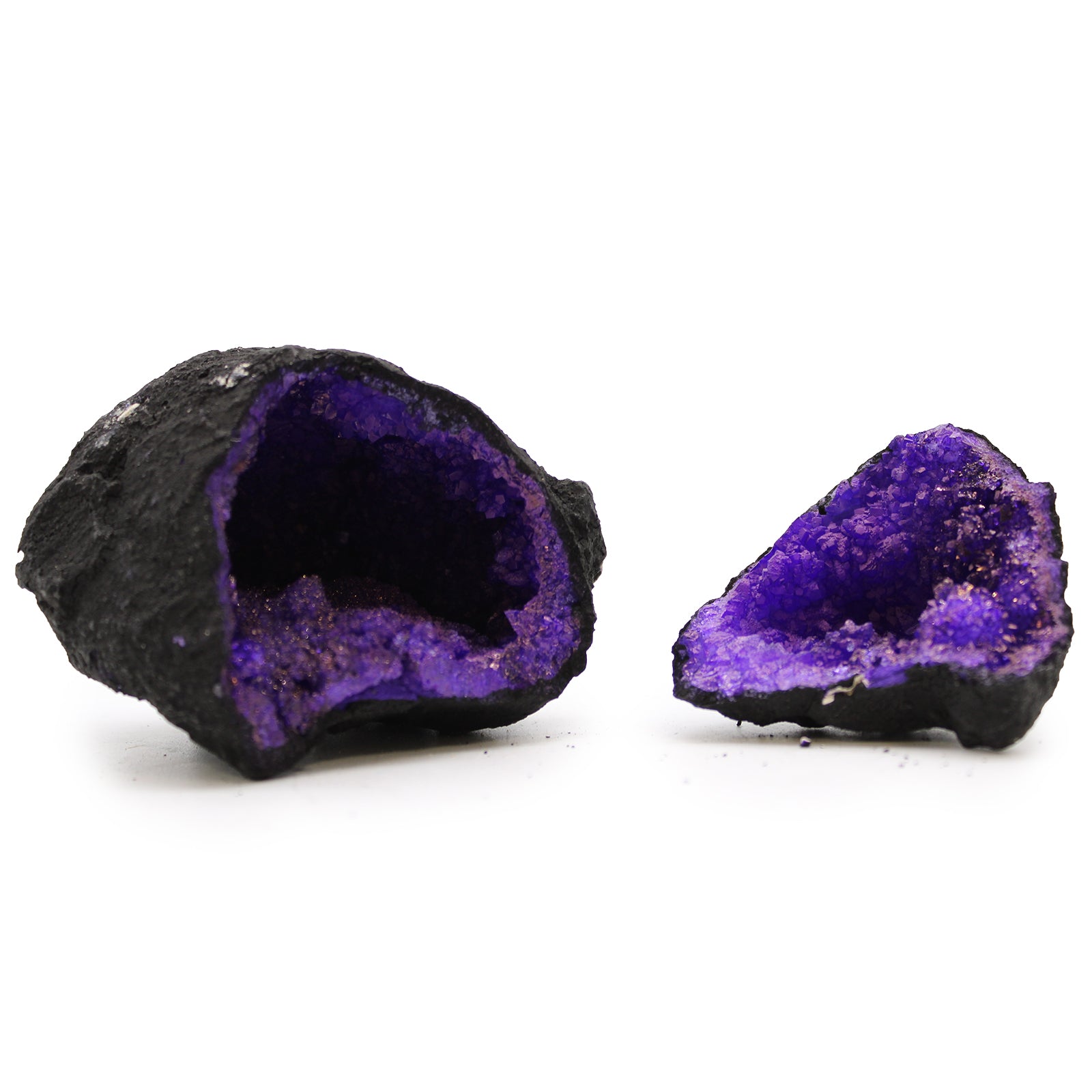 View Coloured Calsite Geodes Black Rock Purple information