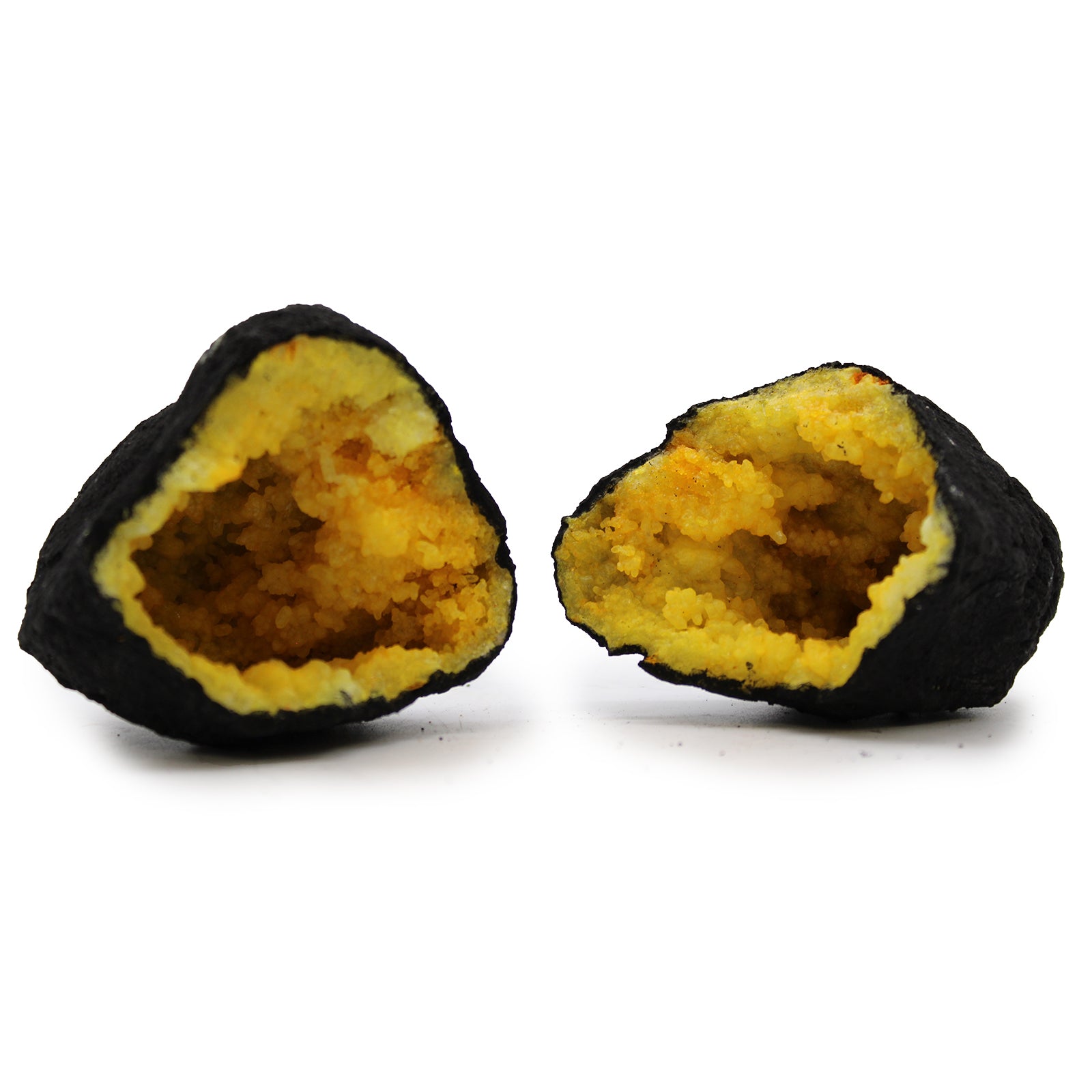 View Coloured Calsite Geodes Black Rock Yellow information