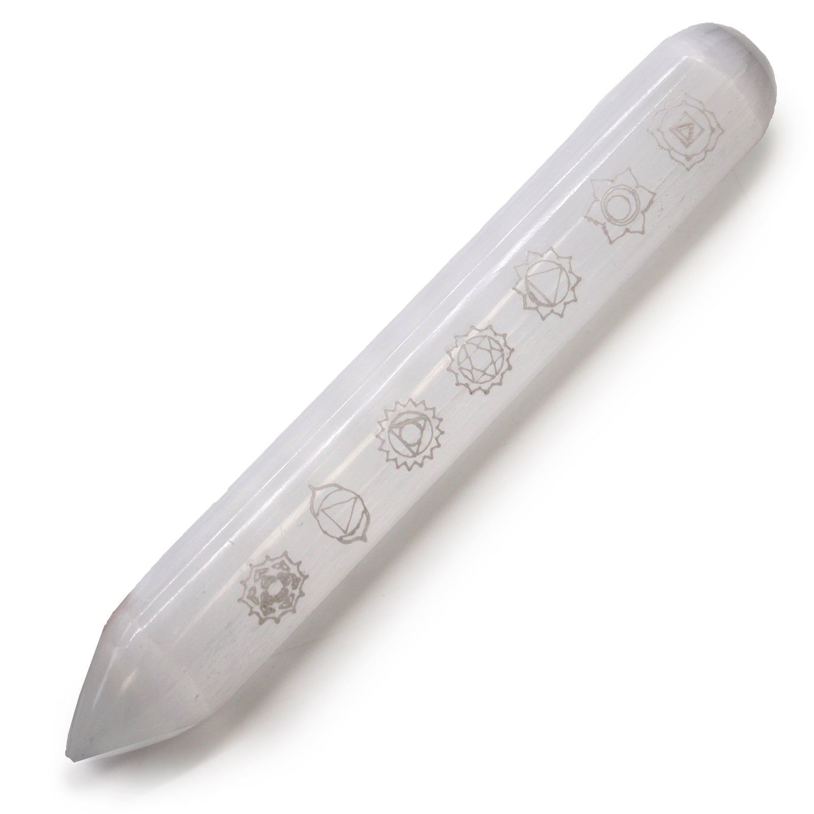 View Selenite Wand 16 cm Point one End 7 Chakra information