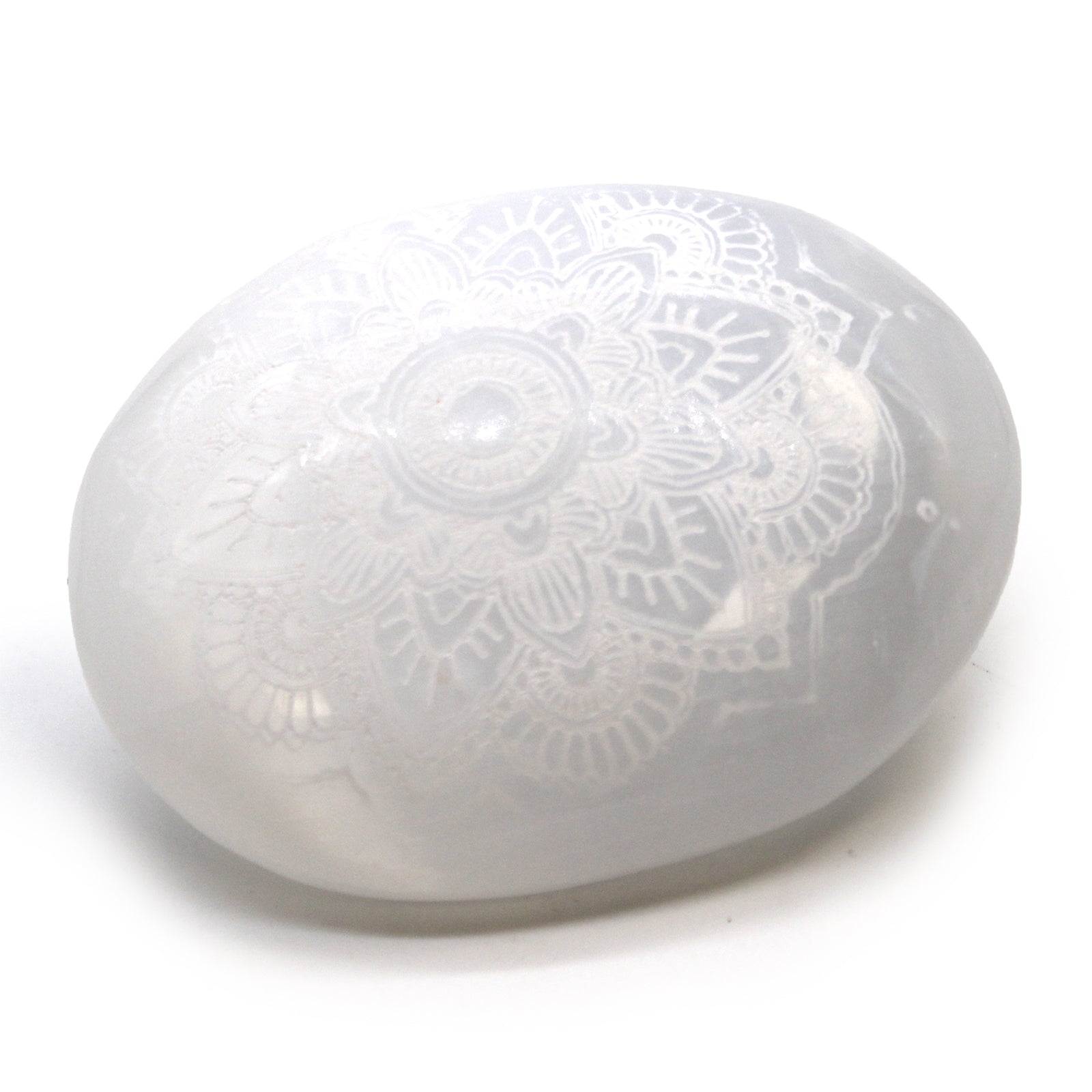 View Selenite Palm Stone Mandala Engraved information