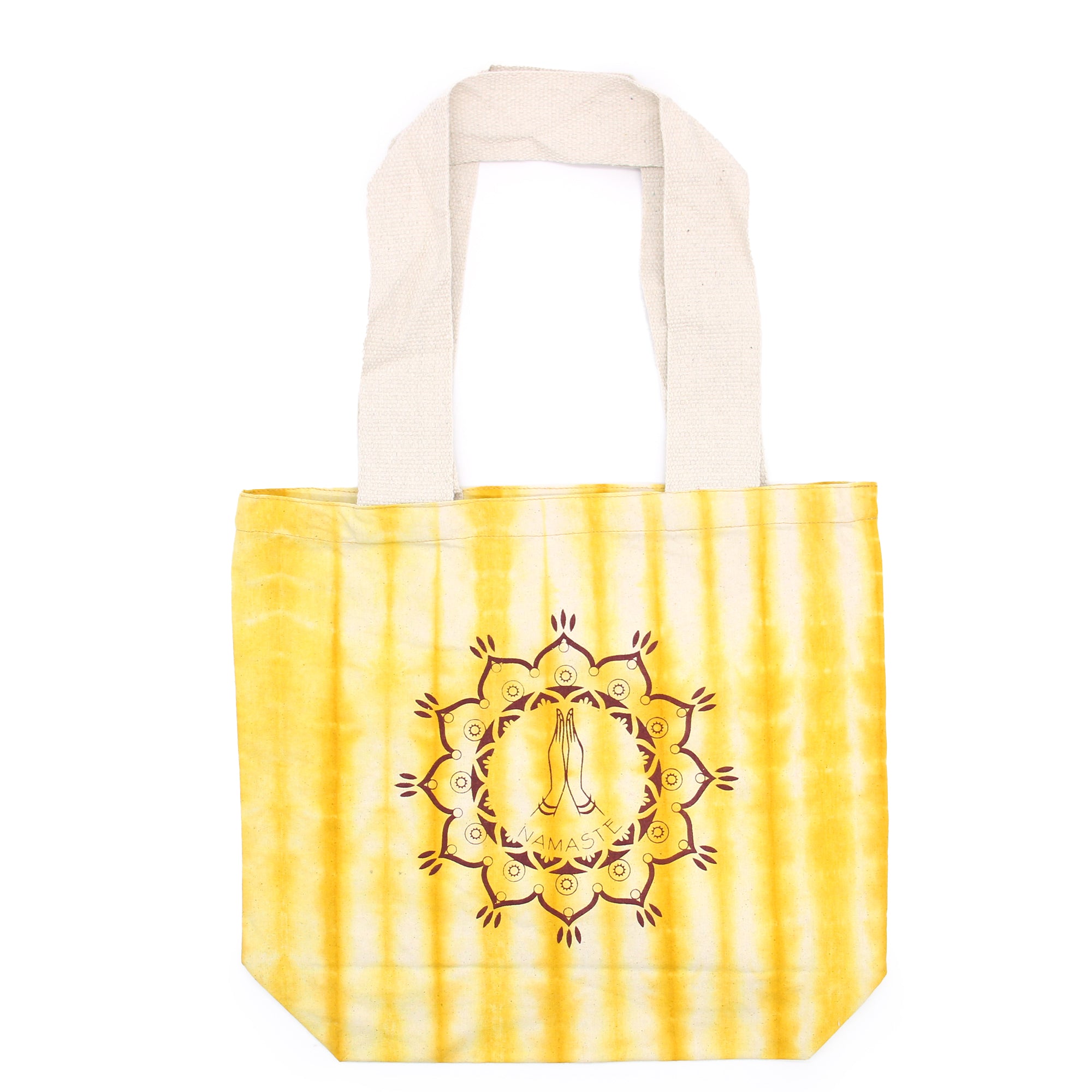 View TyeDye Cotton Bag 6oz 38x42x12cm Namaste Hands Yellow Natural Handle information