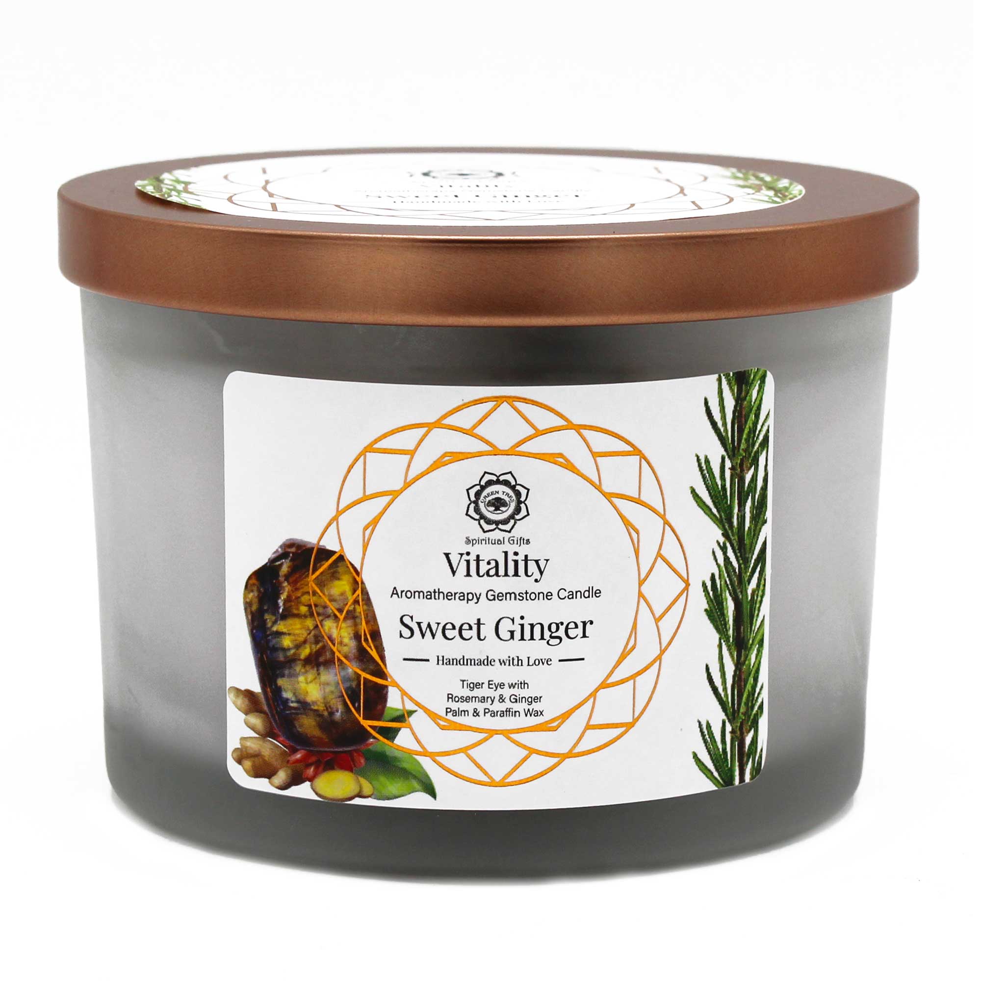 View Sweet Ginger and Tiger Eye Gemstone Candle Viality information