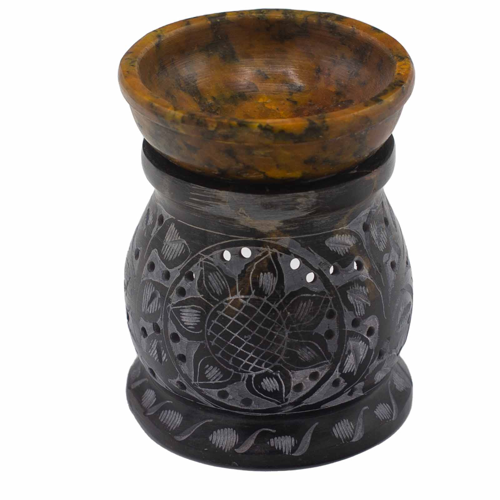 View Soapstone Oil Burner 10cm Mandala Flower Black Yellow information