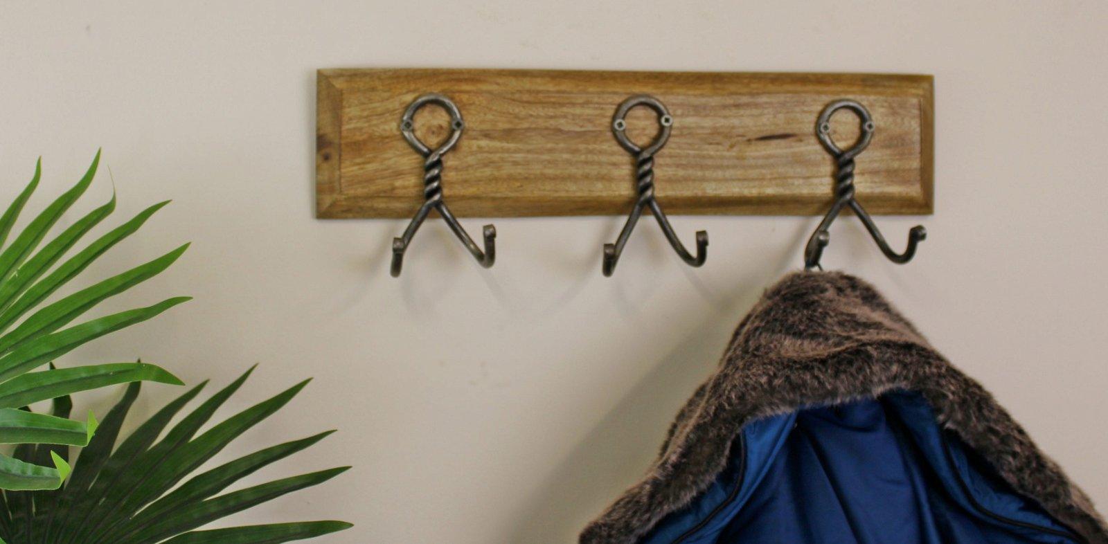 View 3 Piece Double Metal Hooks On Wooden Base information
