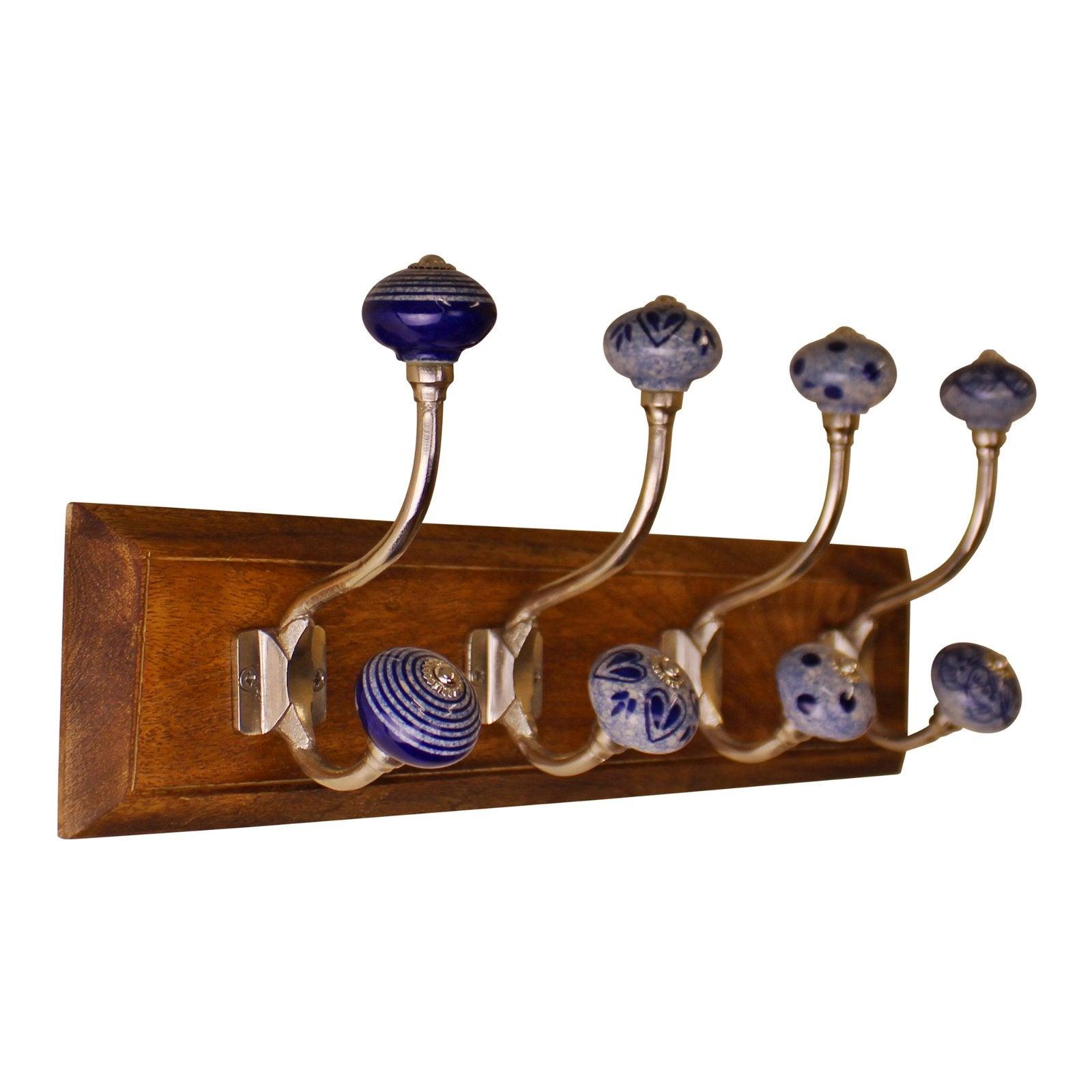 View 4 Double Ceramic Blue White Coat Hooks On Wooden Base information