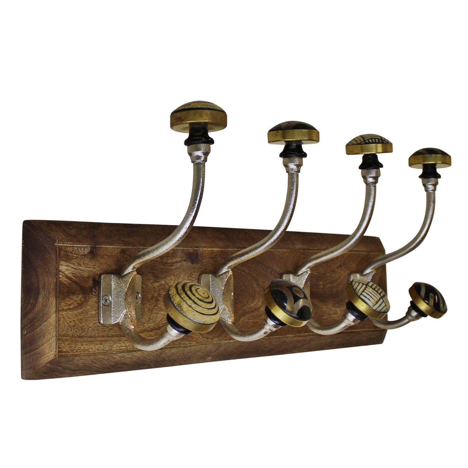 View 4 Double Ceramic Gold Black Coat Hooks On Wooden Base information