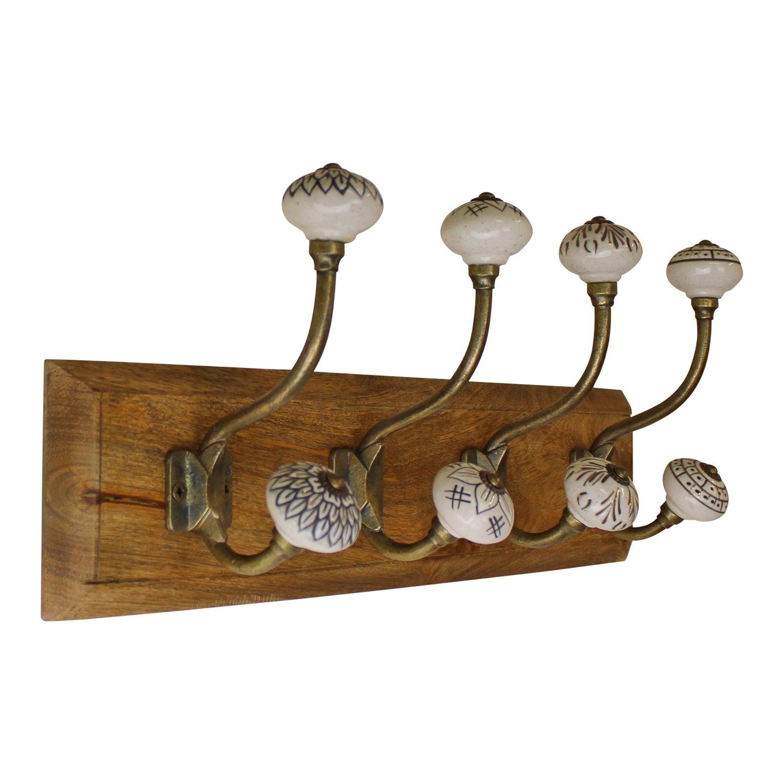 View 4 Double Ceramic Ivory Coat Hooks On Wooden Base information