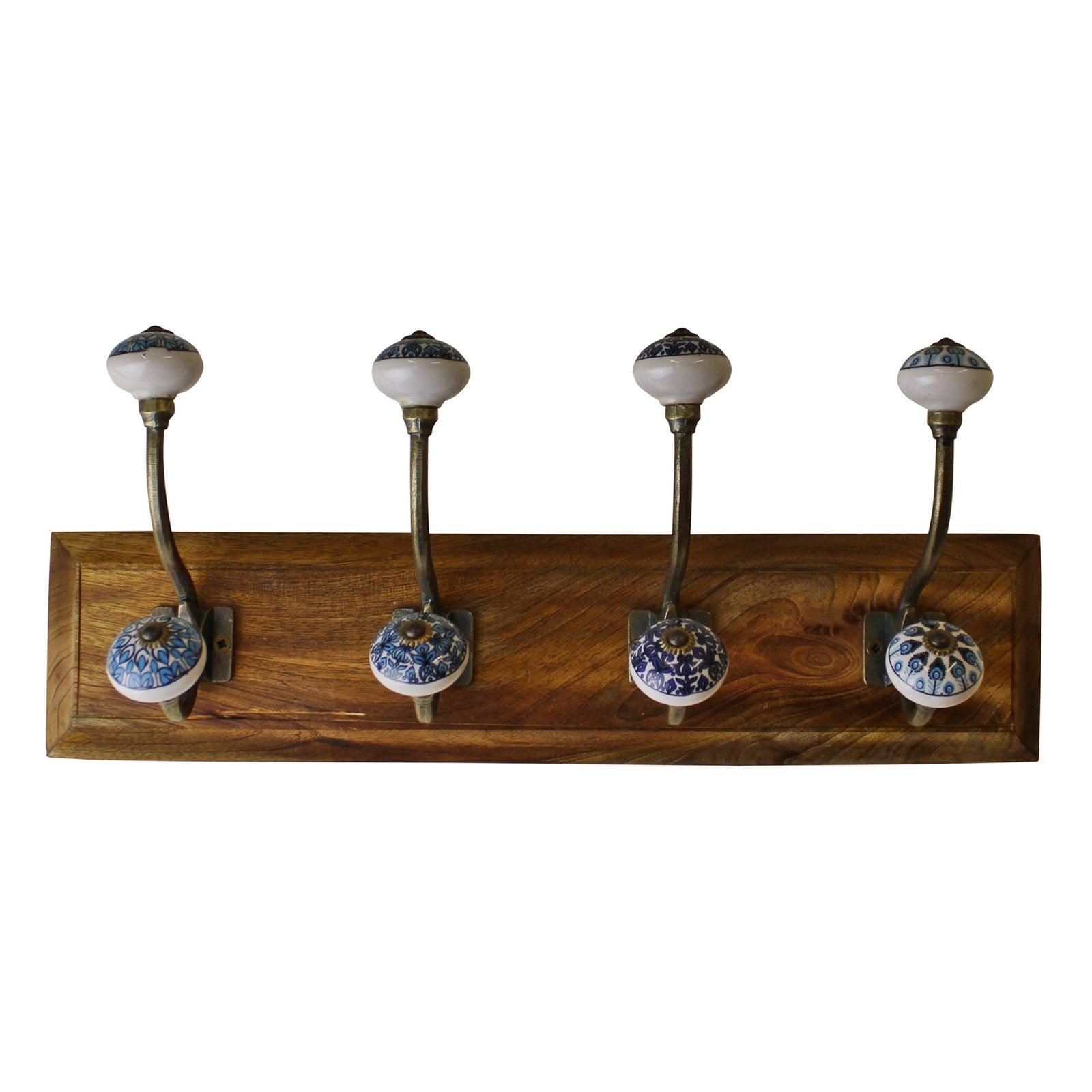 View 4 Double Ceramic Peacock Design Coat Hooks On Wooden Base information