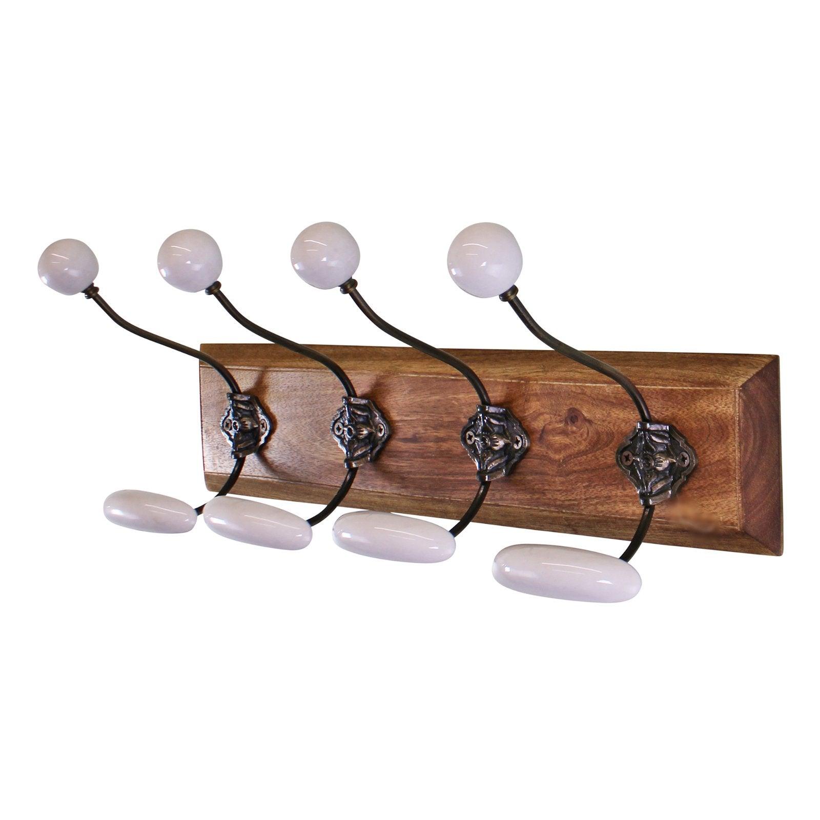 View 4 Double White Ceramic Coat Hooks On Wooden Base information