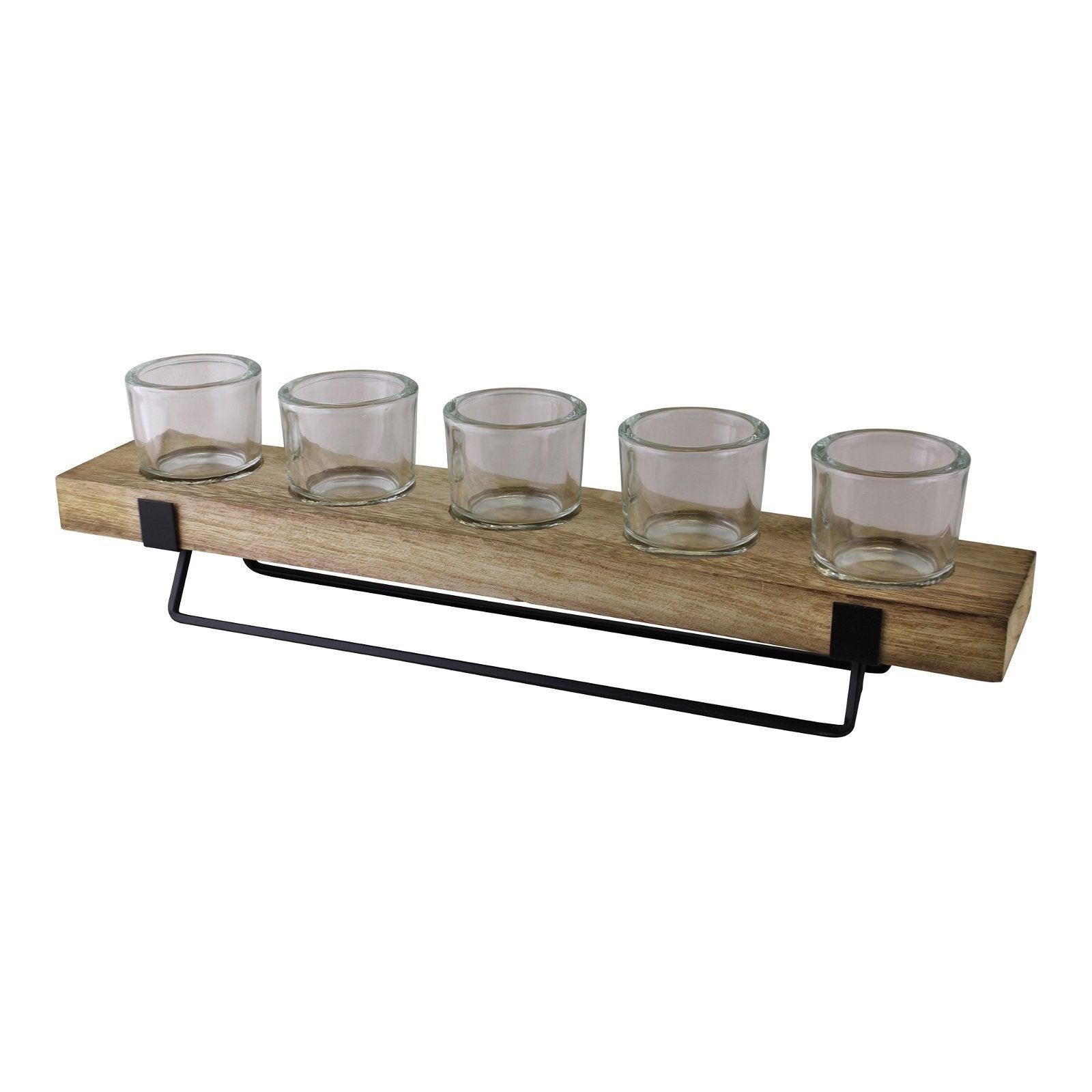 View 5 Piece Glass Wood Metal Tealight Holder information