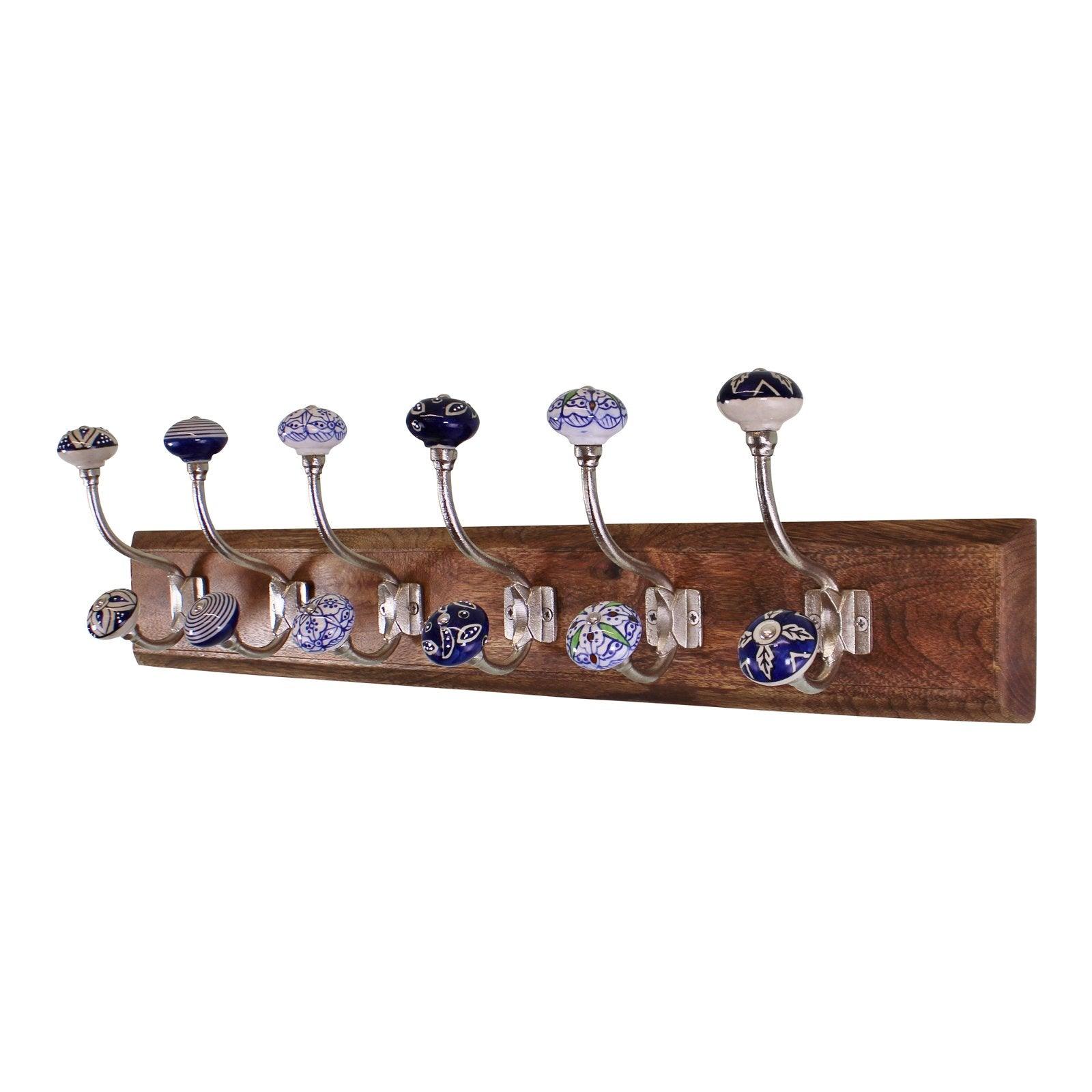 View 6 Double Ceramic Blue White Coat Hooks On Wooden Base information