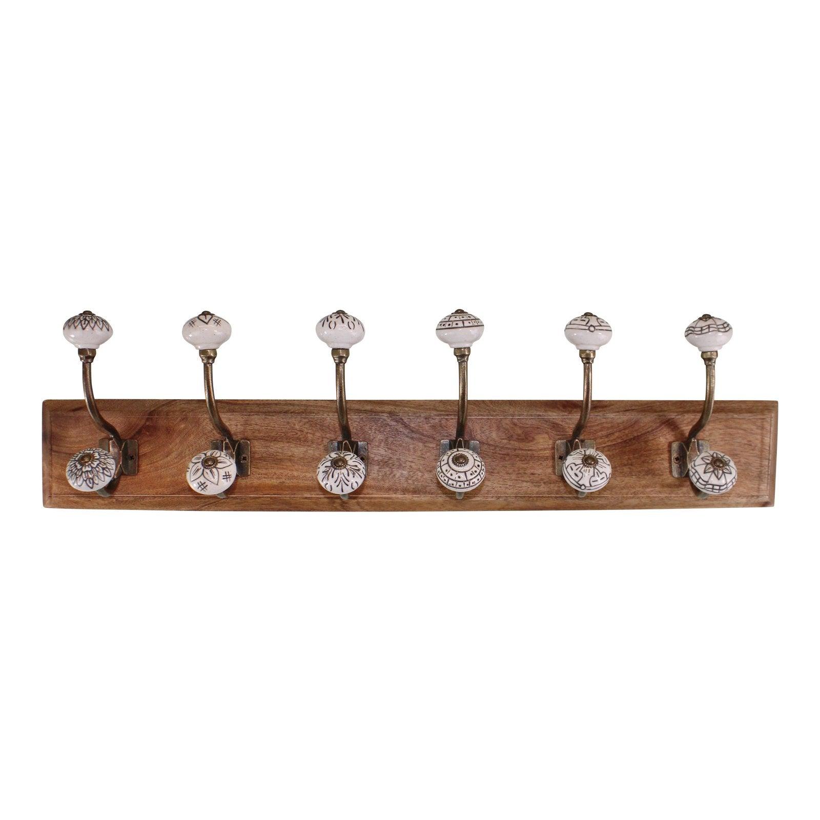 6 Double Ceramic Ivory Coat Hooks On Wooden Base - £74.99 - Coat Hooks