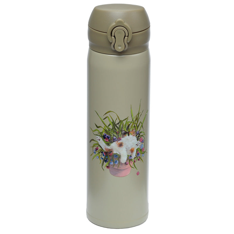 View Reusable Push Top Stainless Steel Hot Cold Thermal Insulated Drinks Bottle Kim Haskins Floral Cat Green information