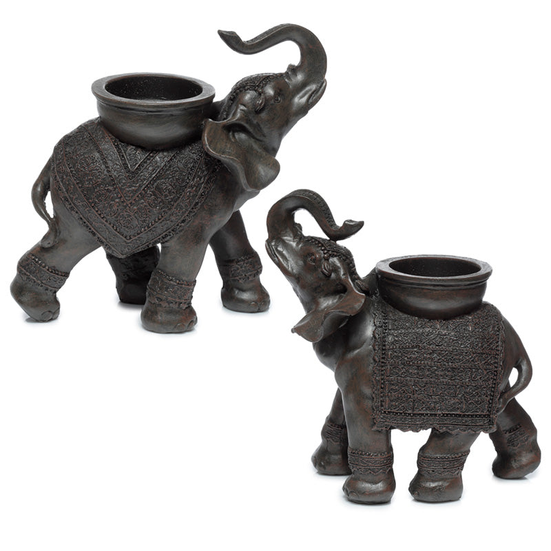 View Decorative Tea Light Candle Holder Peace of the East Wood Effect Elephant on Back information