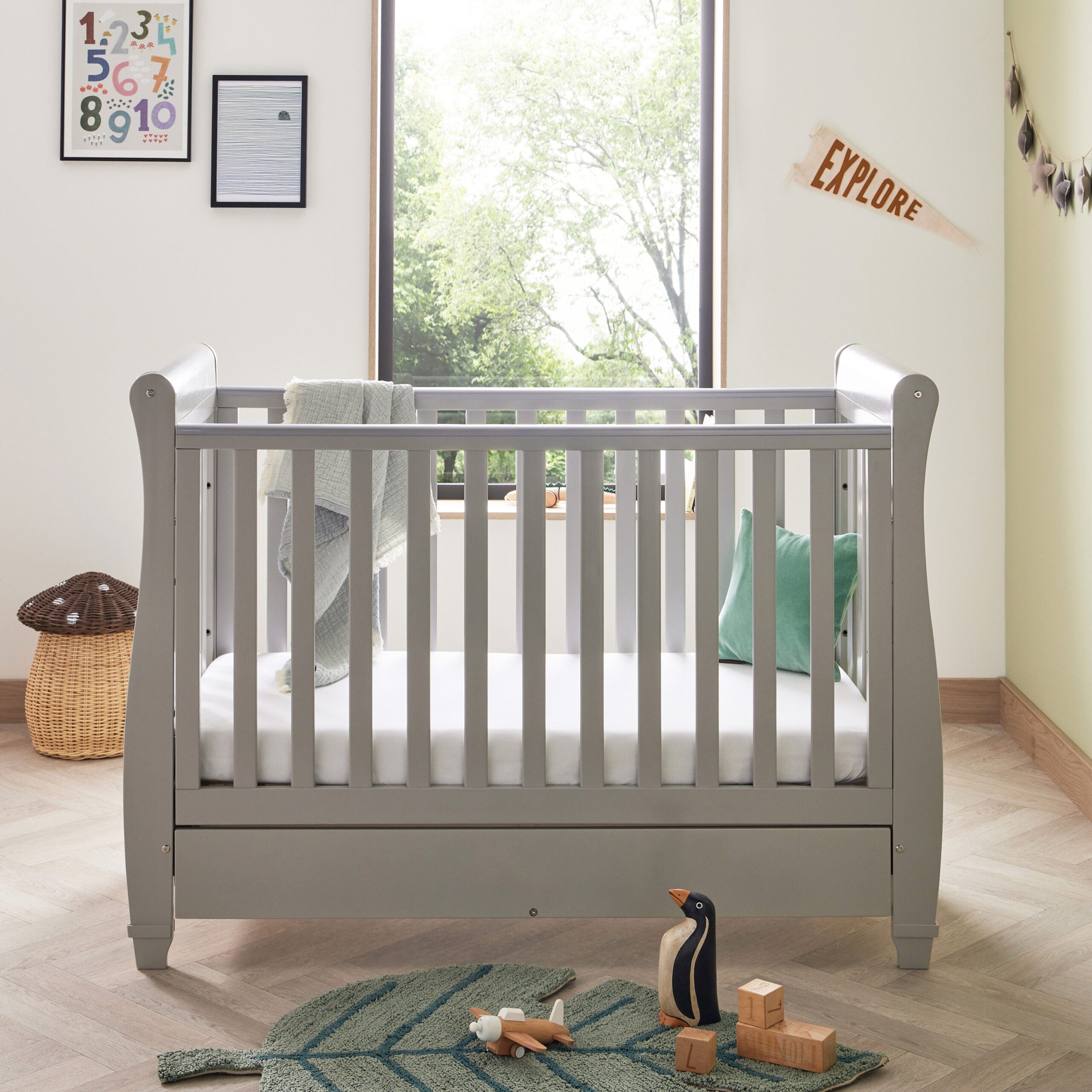 View Babymore Eva Sleigh Cot Bed Drop Side with Drawer Grey information