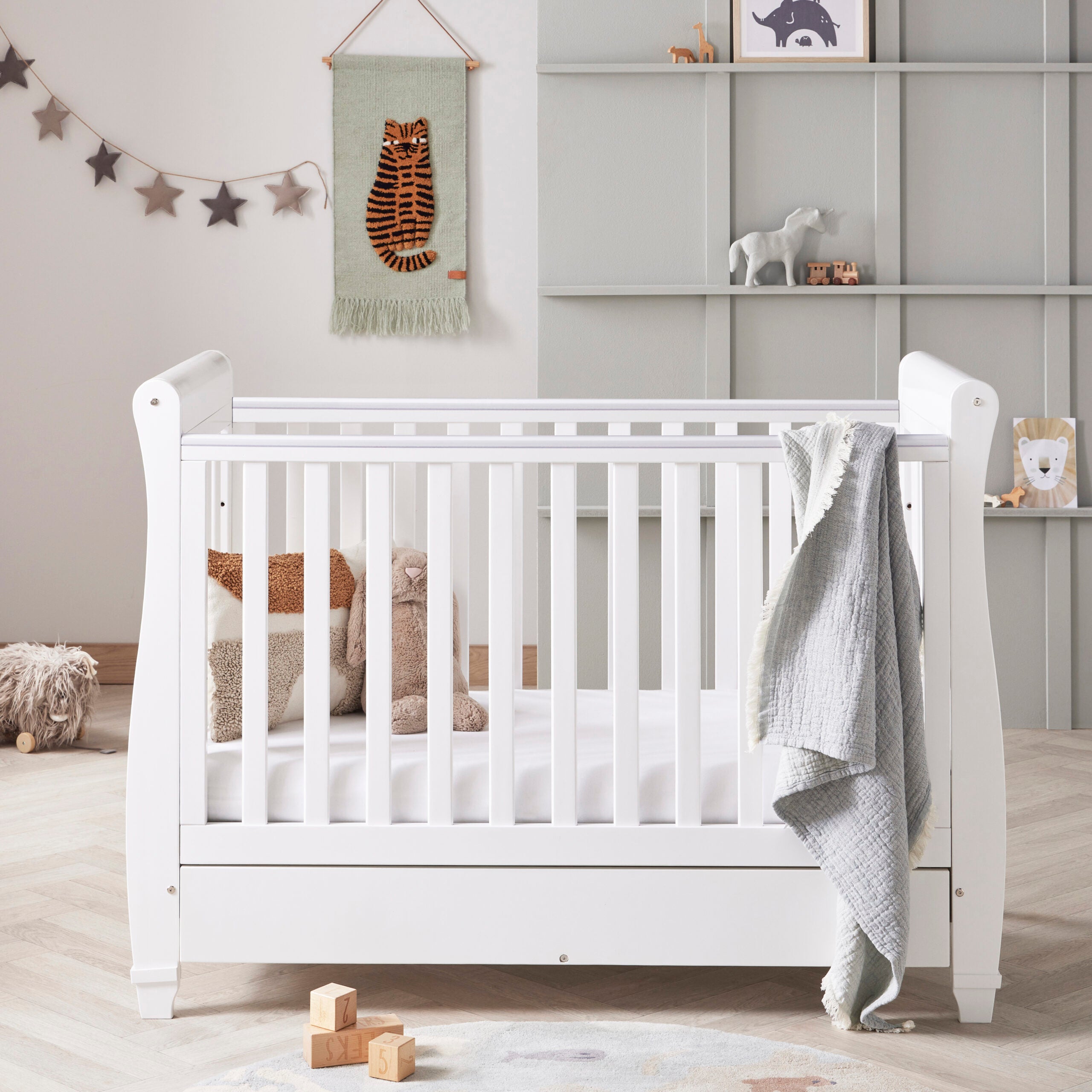 View Babymore Eva Sleigh Cot Bed Drop Side with Drawer White information