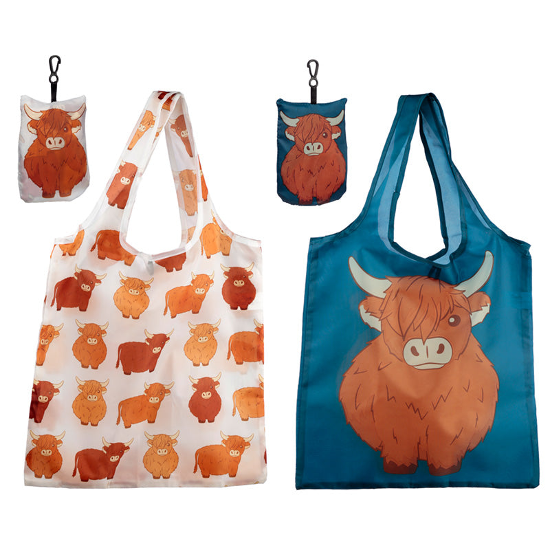 View Handy Fold Up Highland Coo Cow Shopping Bag with Holder information