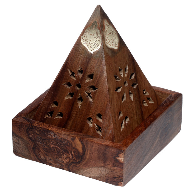 View Sheesham Wood Pyramid Incense Cone Burner Box with Buddha Fretwork information