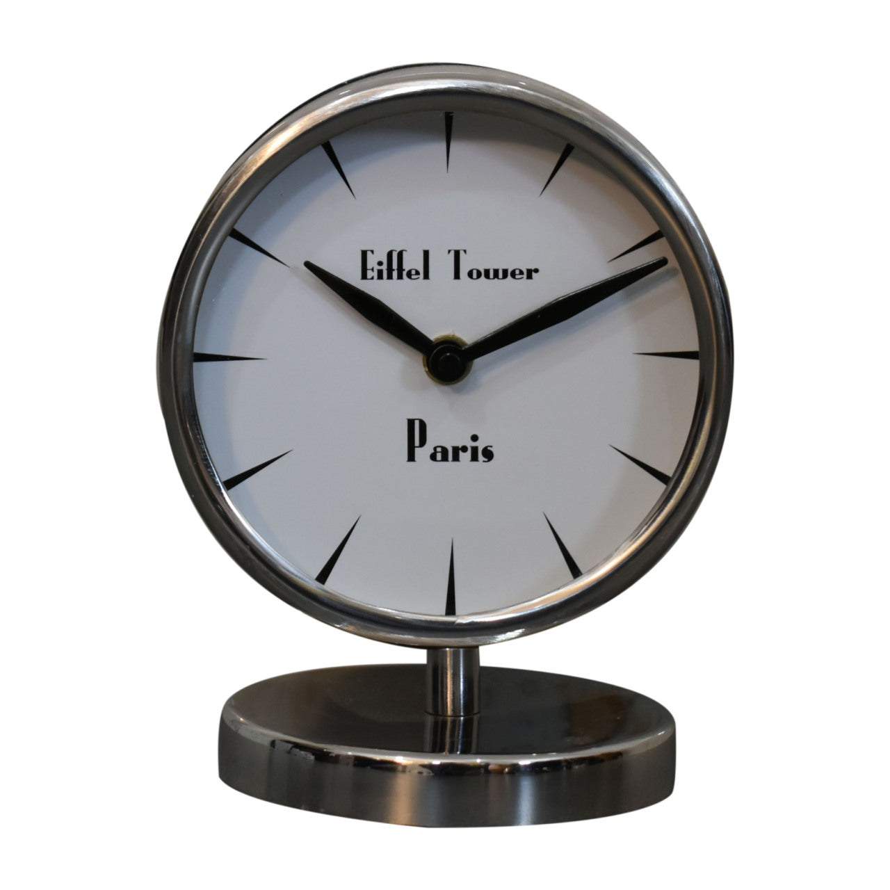 View Round Chrome Table Clock with White Face information