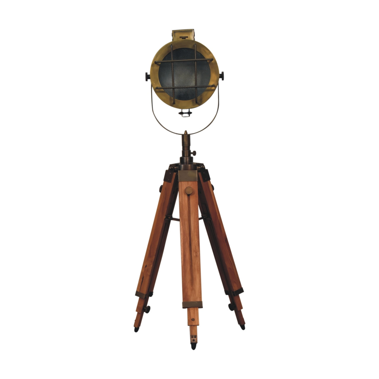 View Caged Brass Antique Tripod Fold Spotlight Floor Lamp information