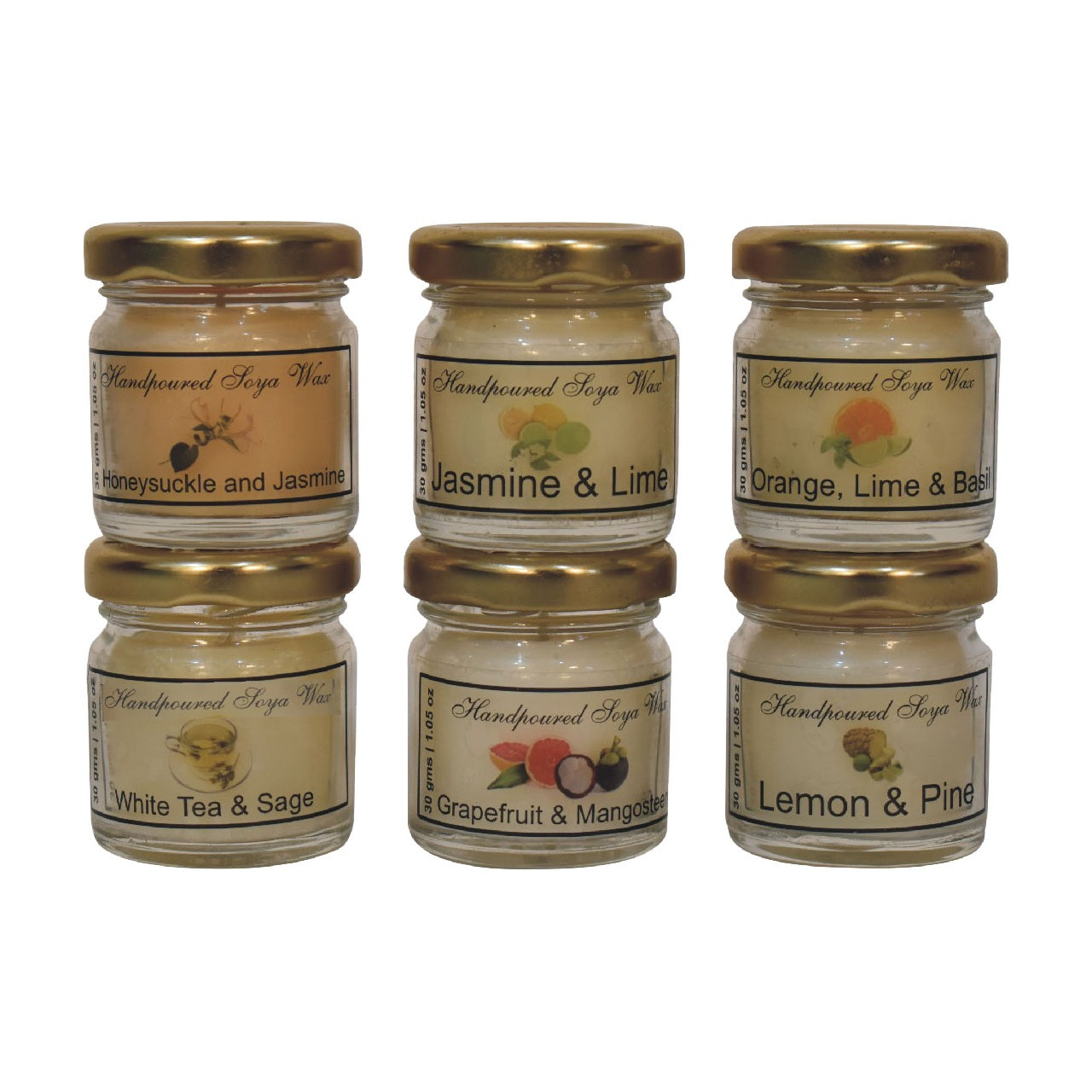 View Mini Candle Set of 6 Honeysuckle Jasmine Jasmine Lime Orange Lime Basil White Tea Sage Grapefuit Mangosteen and Lemon Pine information