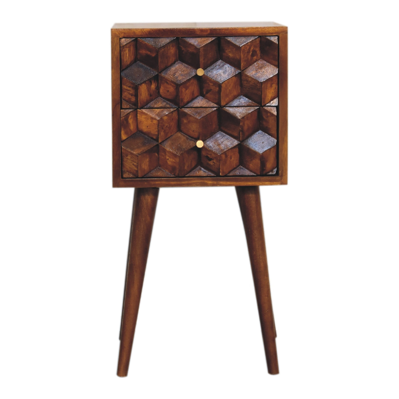 View Mini Chestnut Cube Carved 2 Drawer Bedside information