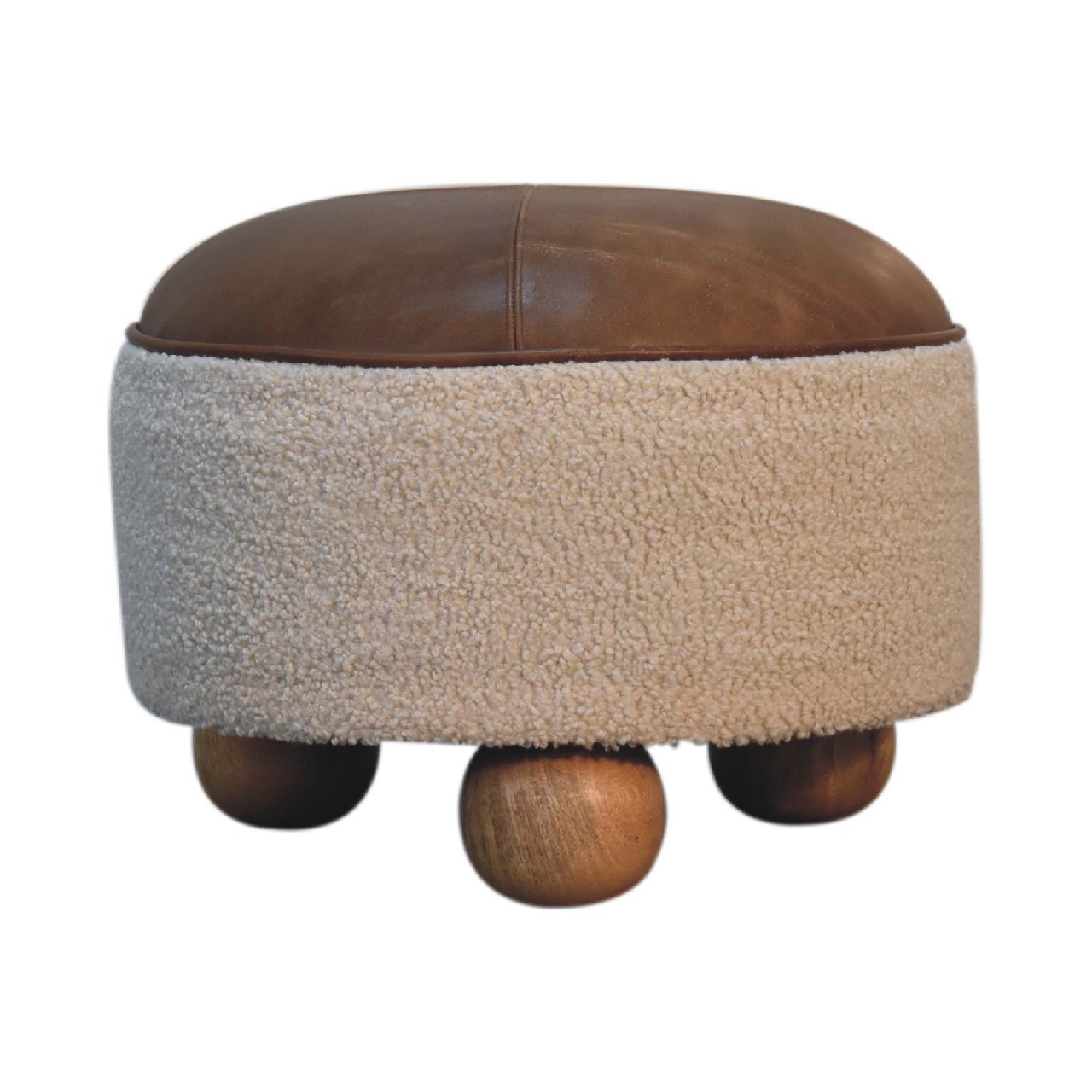 View Cream Boucle Buffalo Hide Round Footstool with Ball Feet information