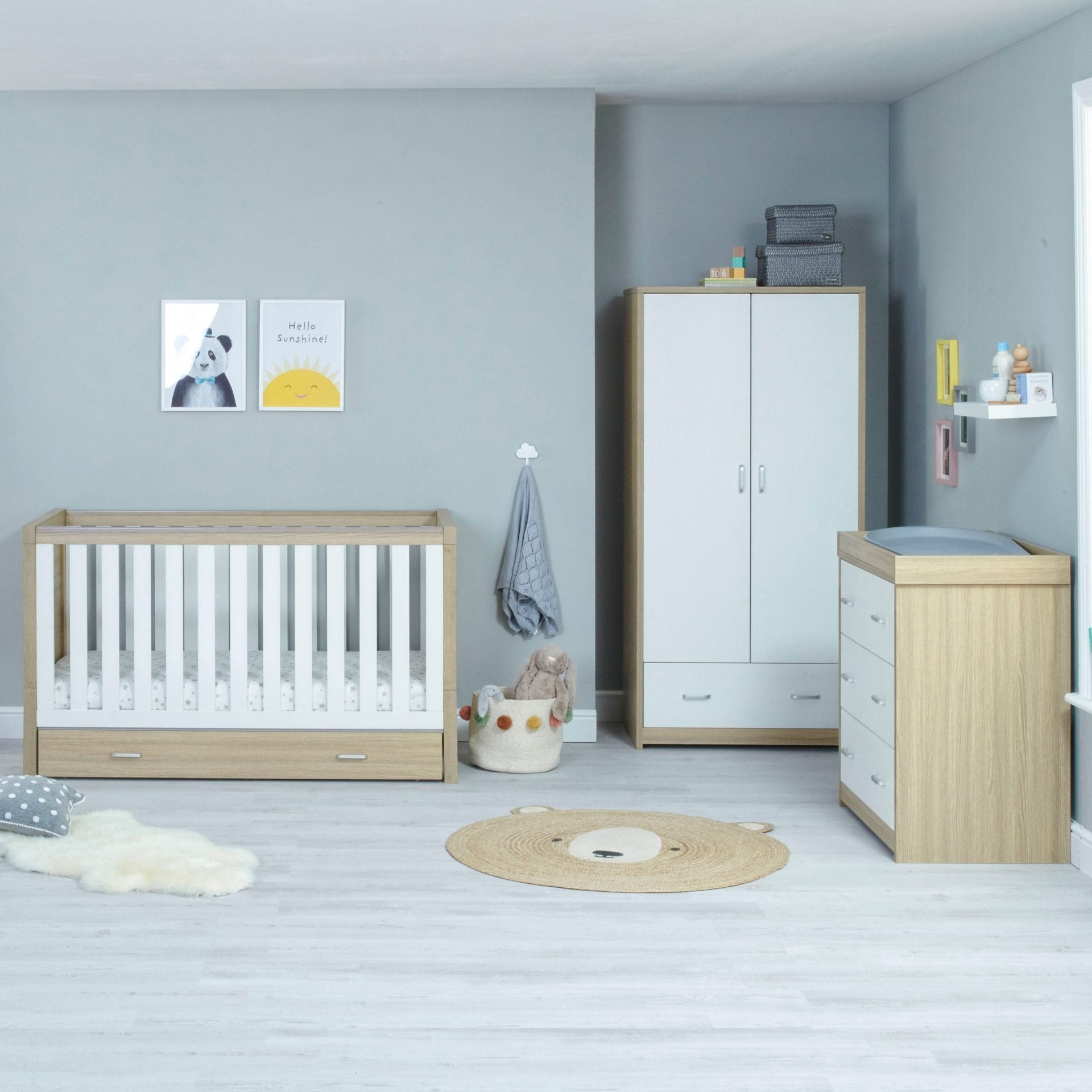 View Babymore Luno 3 Piece Nursery Room Set with Drawer Oak White information