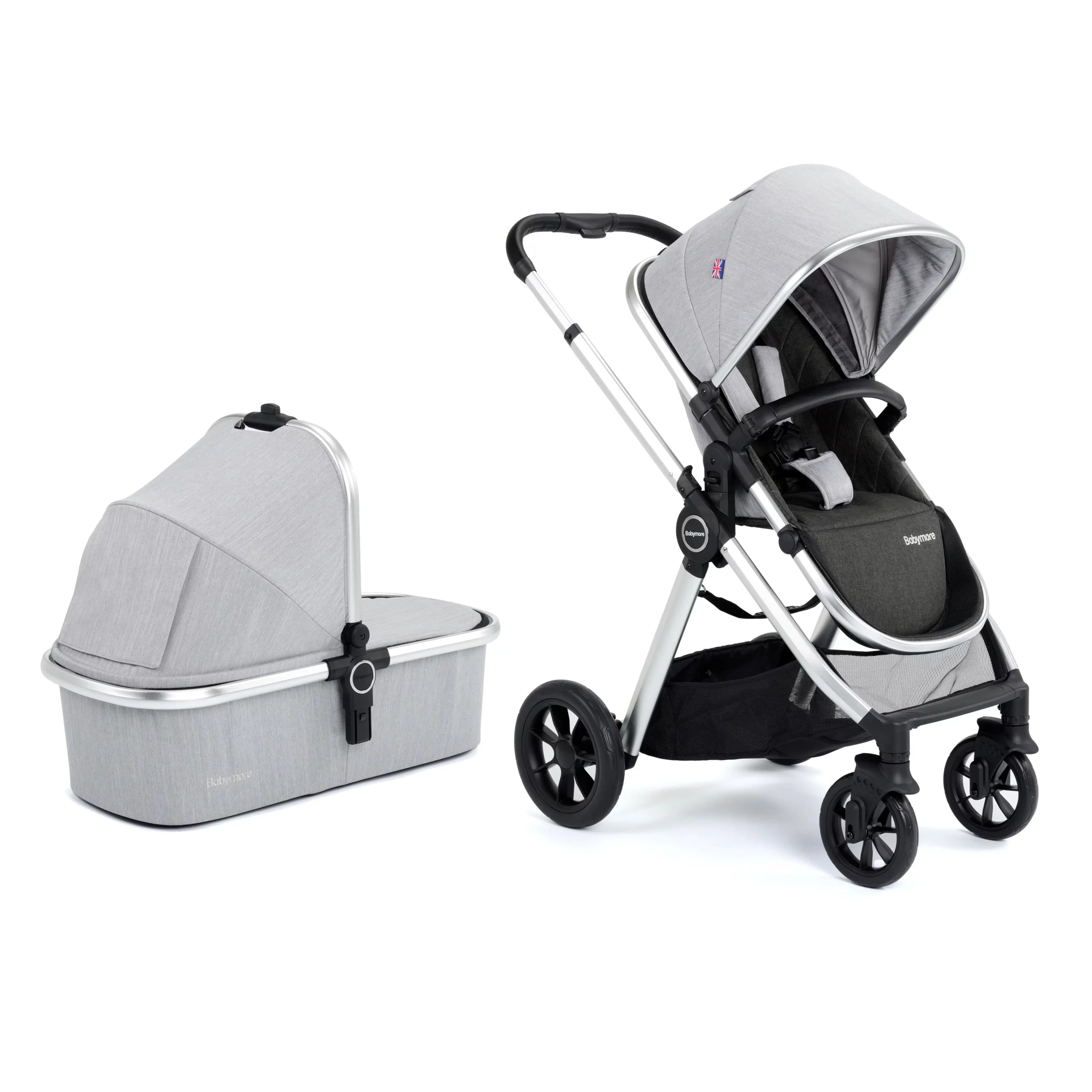 View Babymore Memore V2 Pram Pushchair 11 Piece Silver information