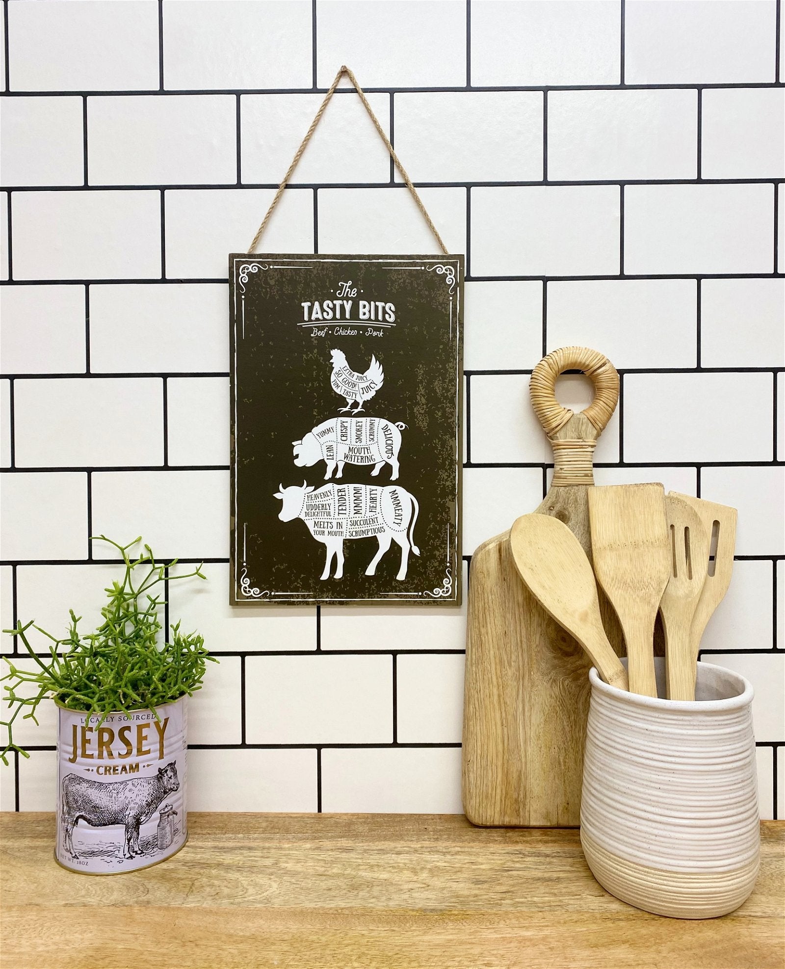 View The Tasty Bits Wooden Hanging Plaque in Brown information