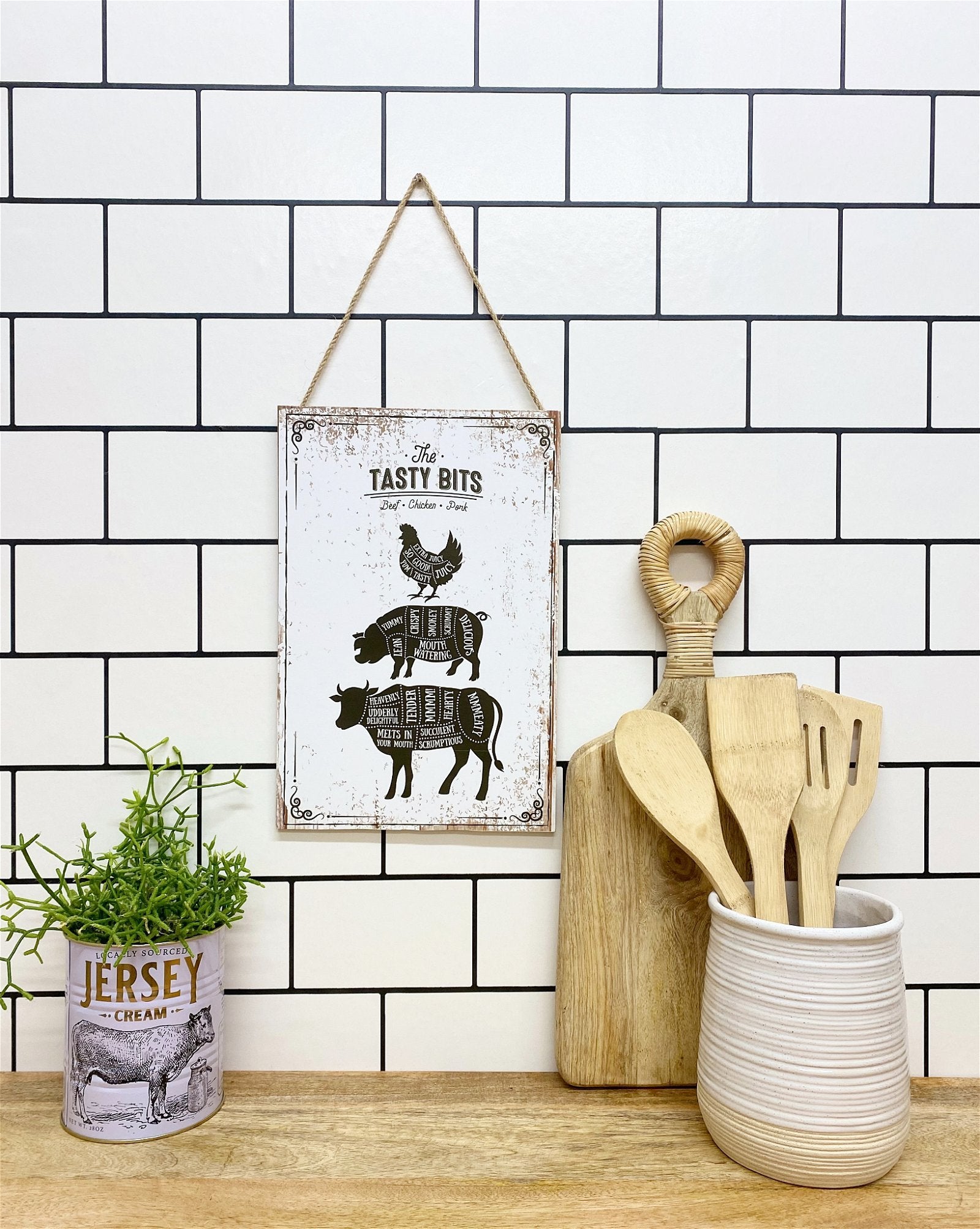 View The Tasty Bits Wooden Hanging Plaque in White information