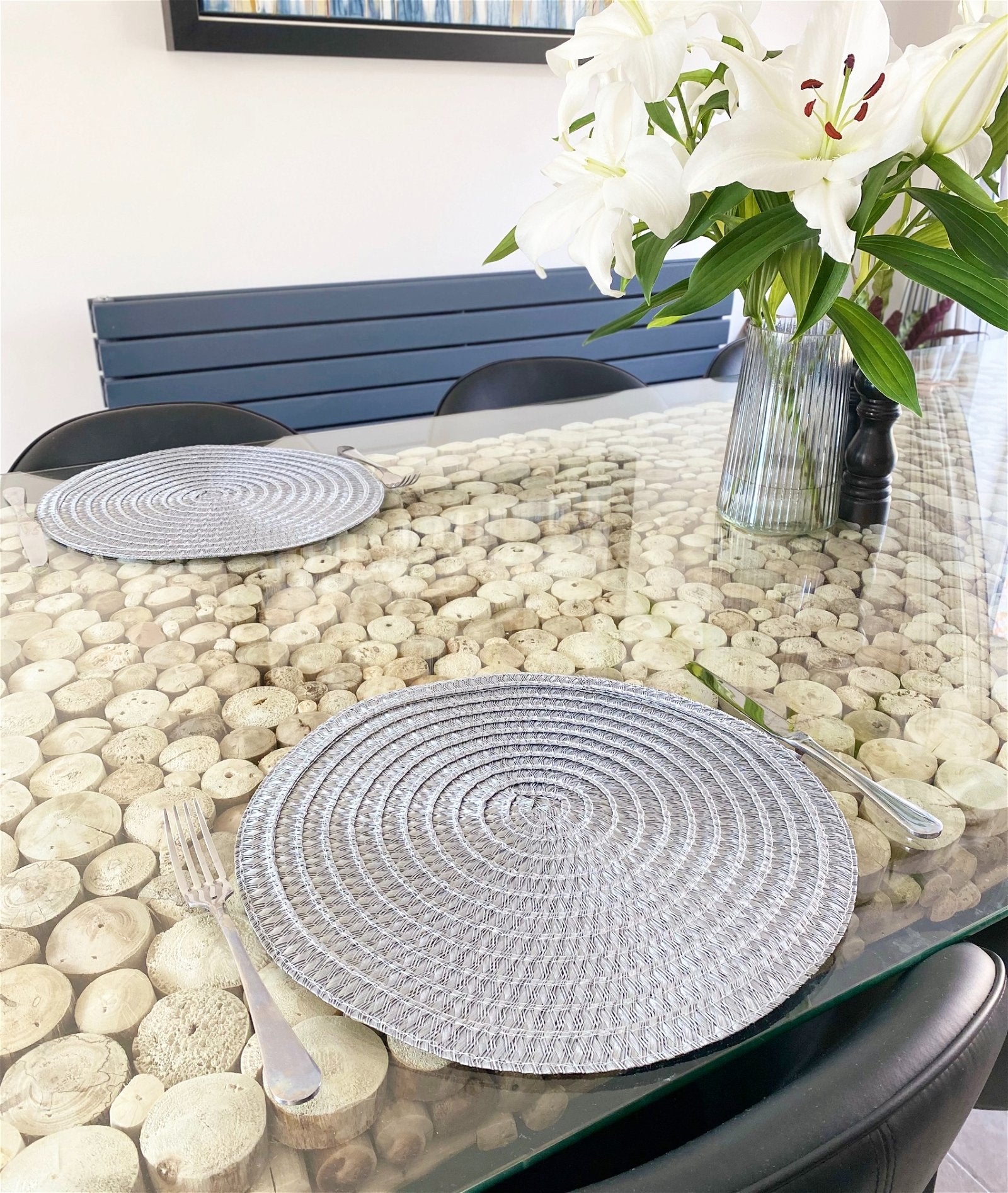 View Set of Four Round Grey Woven Placemats information