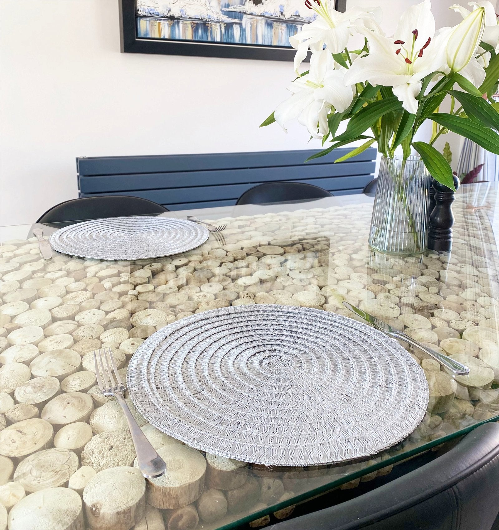 View Set of Four Round Silver Woven Placemats information