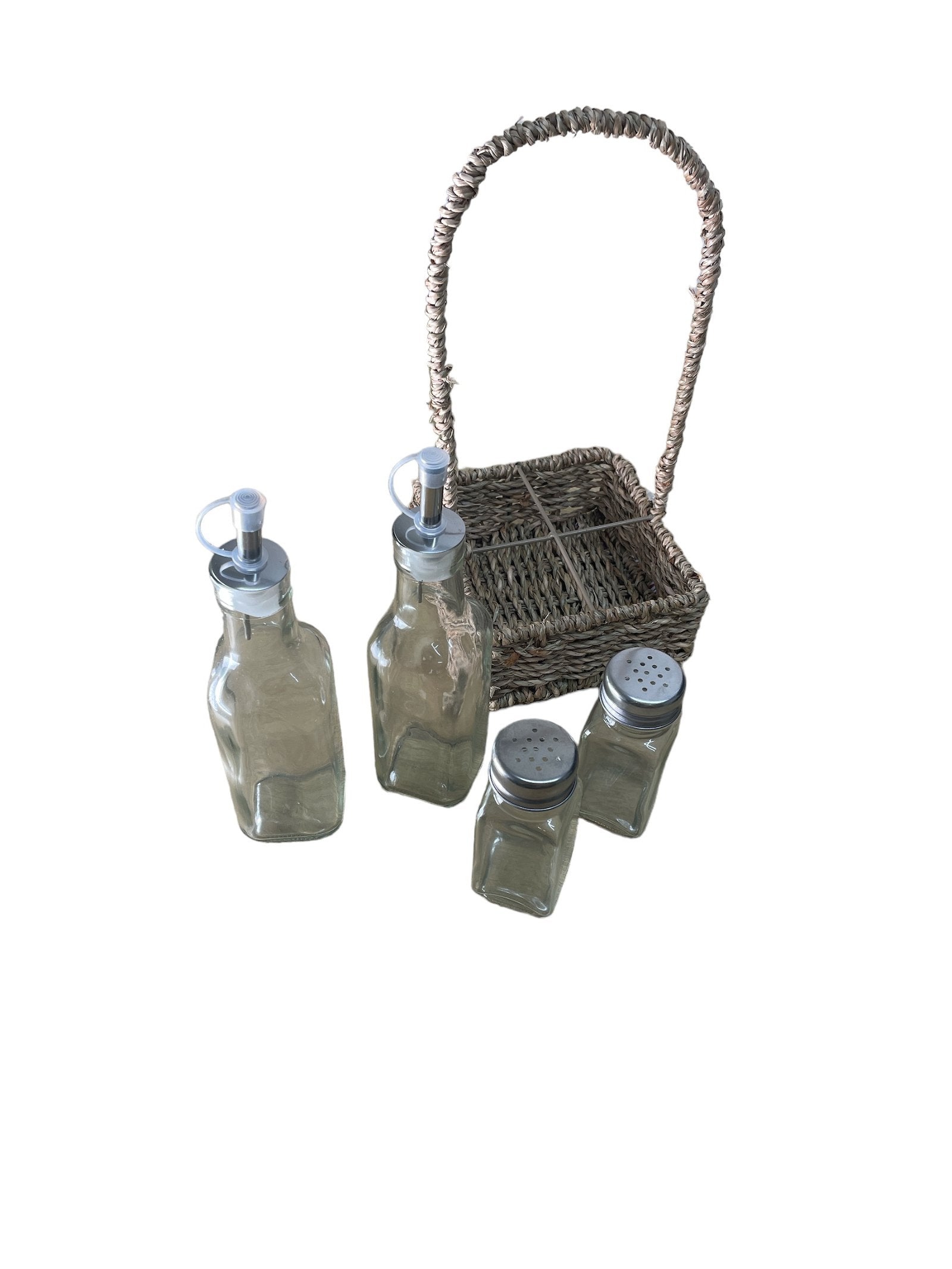View Oils and Cruet Set With Seagrass Holder 30cm information
