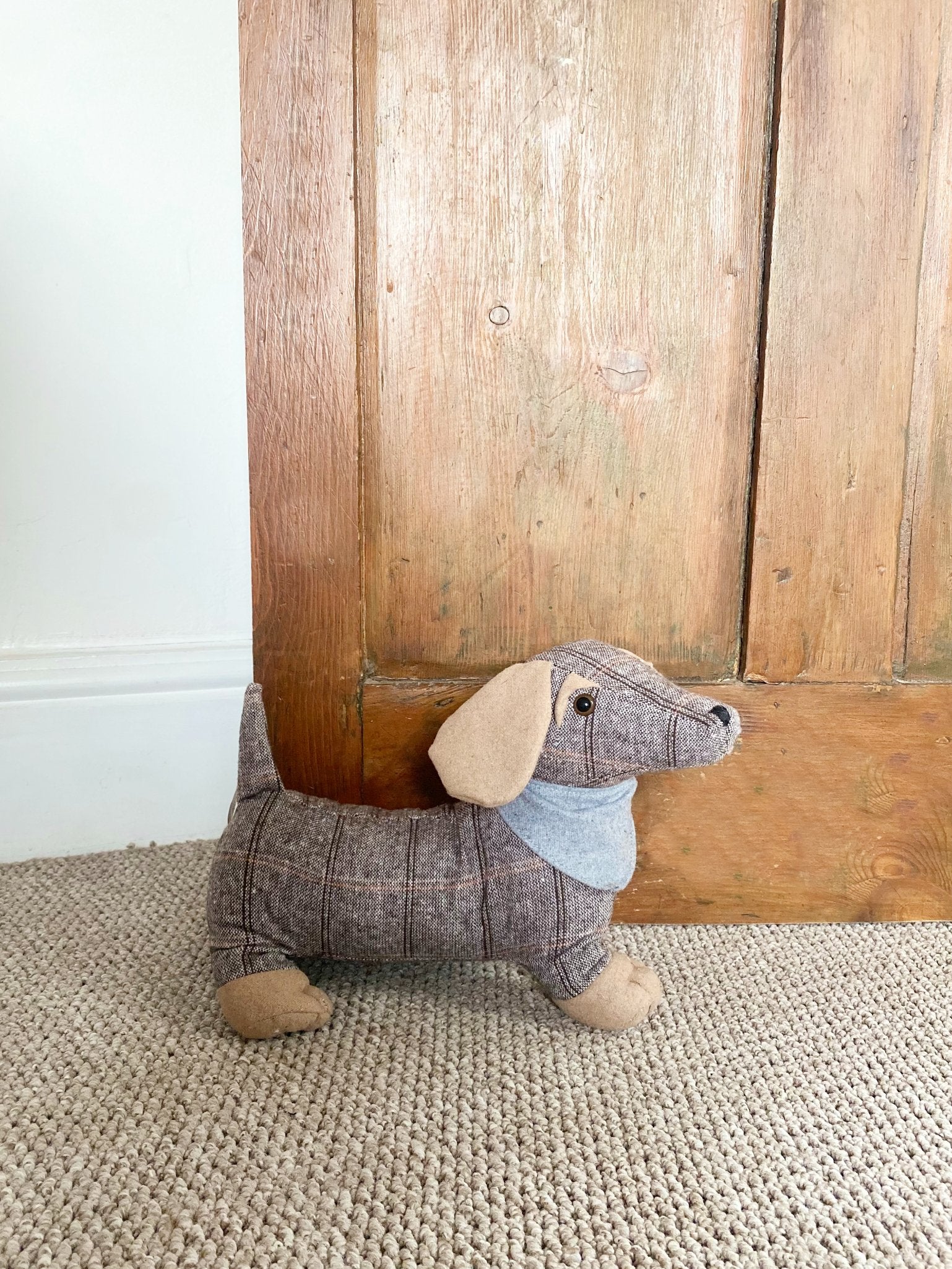 View Tartan Fabric Sausage Dog Doorstop with Grey Bandana information