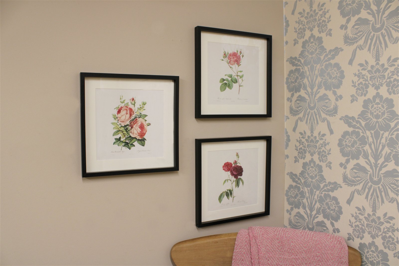 View Set of Three Pink Rose Prints in Frames information