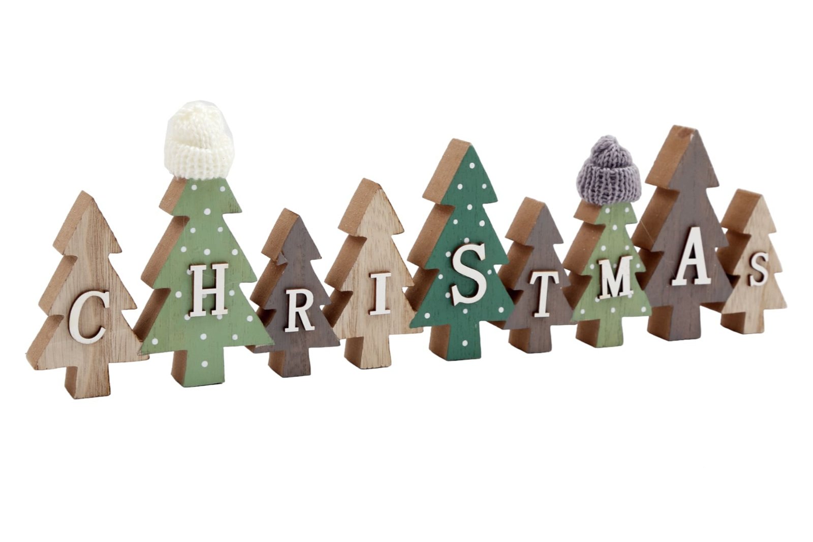 View Row of Christmas Trees Decoration With Hats Green information