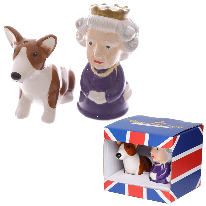 View Novelty Collectable Queen and Corgi Ceramic Salt and Pepper Set information