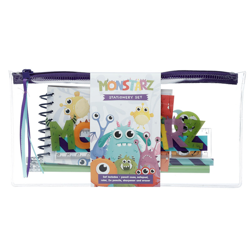 View 7 Piece Clear Pencil Case Stationery Set Monstarz Monster information