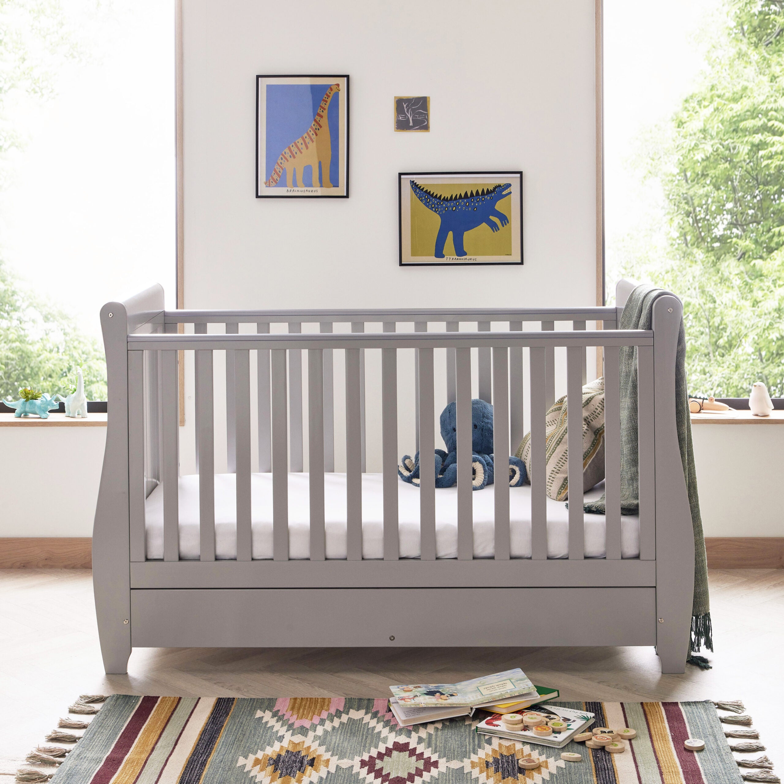 View Babymore Stella Sleigh Cot Bed Drop Side with Drawer Grey information