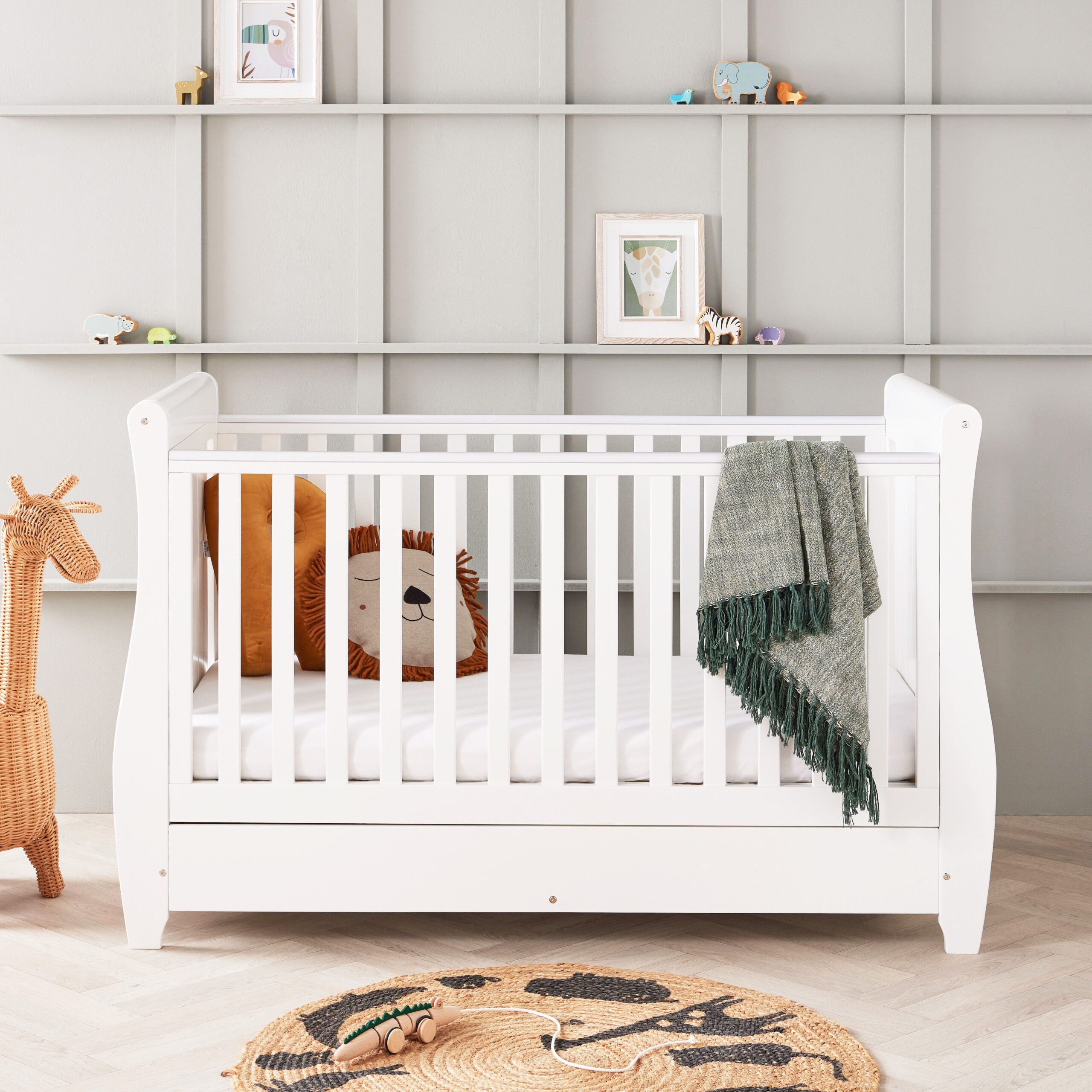View Babymore Stella Sleigh Cot Bed Drop Side with Drawer White information