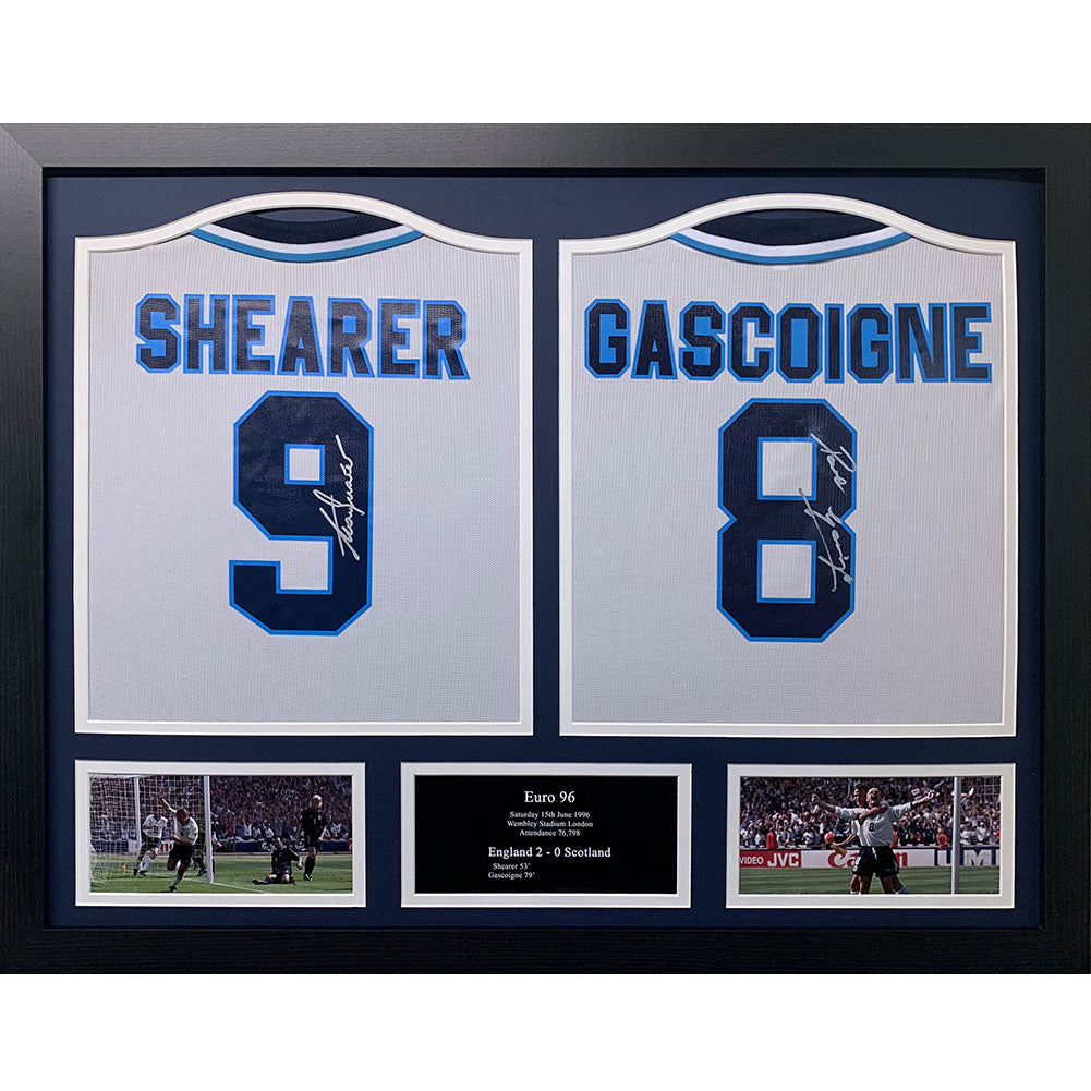 View England FA 1996 Shearer Gascoigne Signed Shirts Dual Framed information